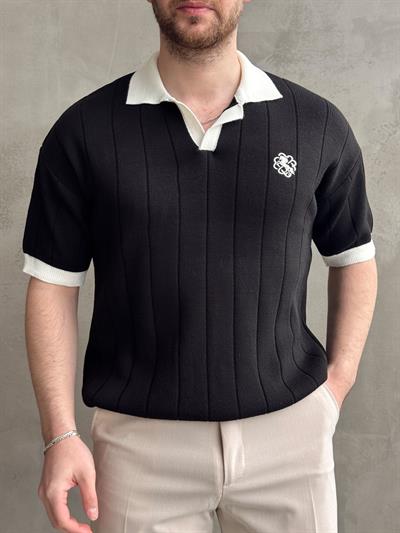 Erkek Zamansız Stil Oversize Kalıp Nakış Detaylı Polo Yaka Triko T-Shirt-Siyah(E1609)