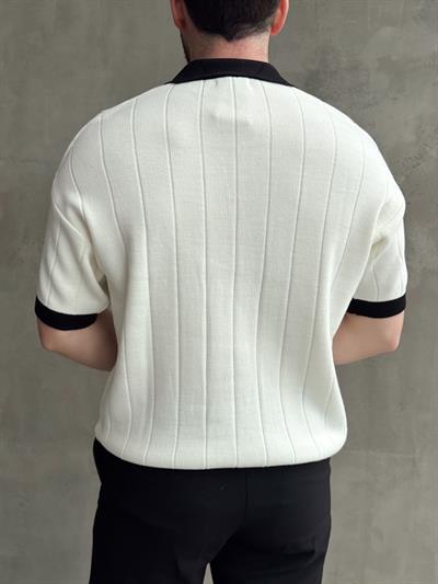 Erkek Zamansız Stil Oversize Kalıp Nakış Detaylı Polo Yaka Triko T-Shirt-Beyaz(E1609)