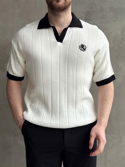 Erkek Zamansız Stil Oversize Kalıp Nakış Detaylı Polo Yaka Triko T-Shirt-Beyaz(E1609)