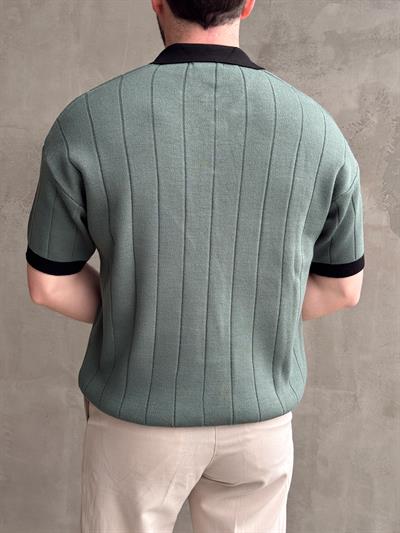 Erkek Zamansız Stil Oversize Kalıp Nakış Detaylı Polo Yaka Triko T-Shirt-Yeşil(E1609)