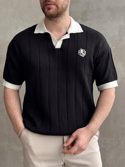 Erkek Zamansız Stil Oversize Kalıp Nakış Detaylı Polo Yaka Triko T-Shirt-Siyah(E1609)