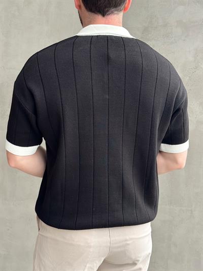 Erkek Zamansız Stil Oversize Kalıp Nakış Detaylı Polo Yaka Triko T-Shirt-Siyah(E1609)