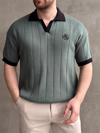 Erkek Zamansız Stil Oversize Kalıp Nakış Detaylı Polo Yaka Triko T-Shirt-Yeşil(E1609)