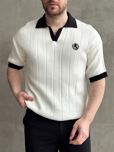 Erkek Zamansız Stil Oversize Kalıp Nakış Detaylı Polo Yaka Triko T-Shirt-Beyaz(E1609)