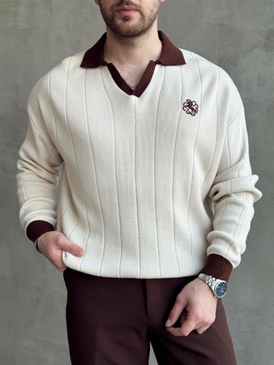 Erkek Zamansız Stil Oversize Kalıp Nakış Detaylı Polo Yaka Triko Kazak-Bej(E1560)Ketench