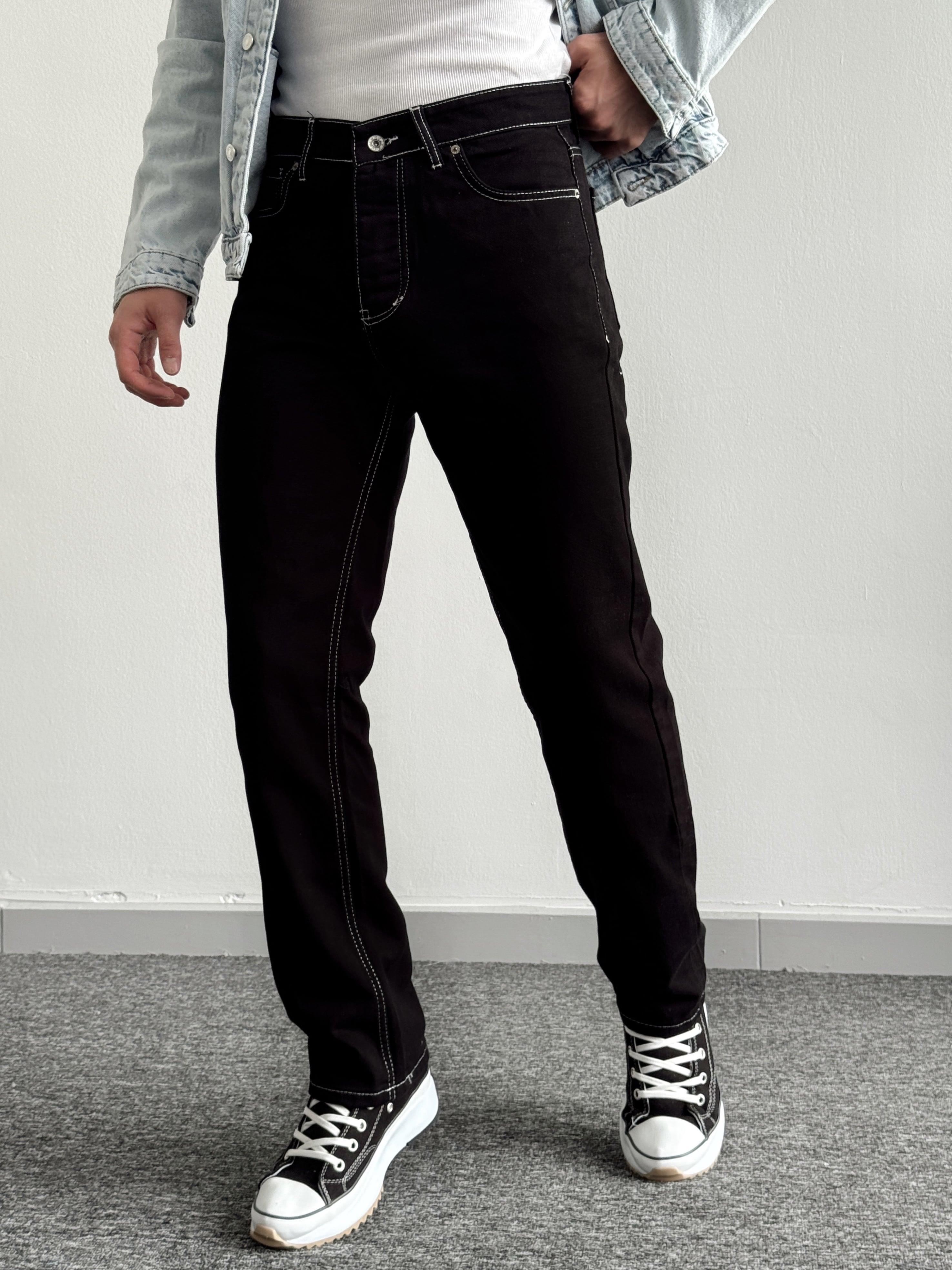 Erkek Baggy Rahat Kalıp Kot Pantolon Jean-Beyaz Dikiş(E1005)Ketench