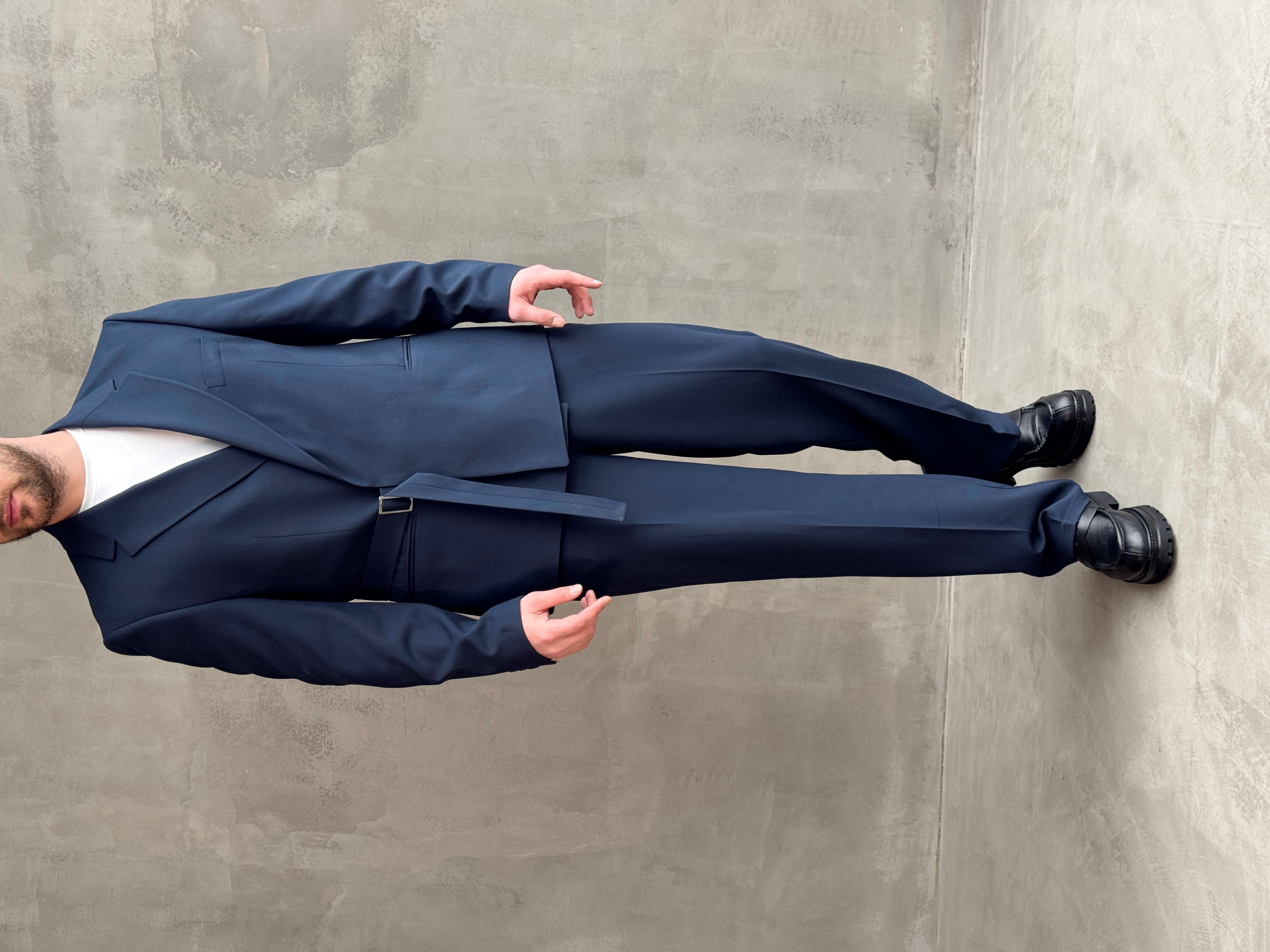 Erkek Business Collection Oversize Kalıp Kuşak Detaylı Kruvaze Model Takım Elbise-Lacivert(E1896)Ketench