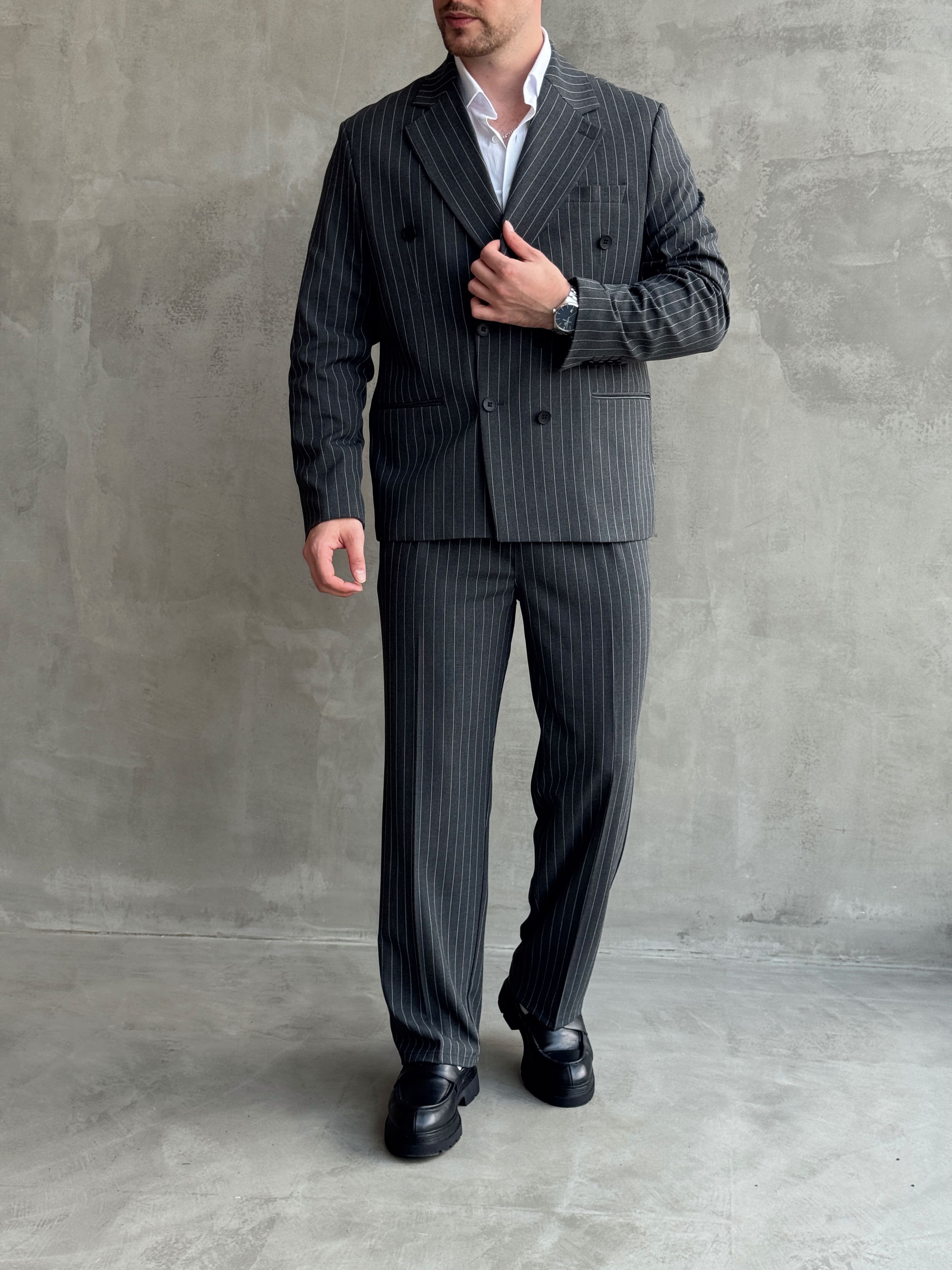 Erkek Business Collection Oversize Kalıp Kruvaze Model Çizgili Takım Elbise-Füme(E1787)Ketench