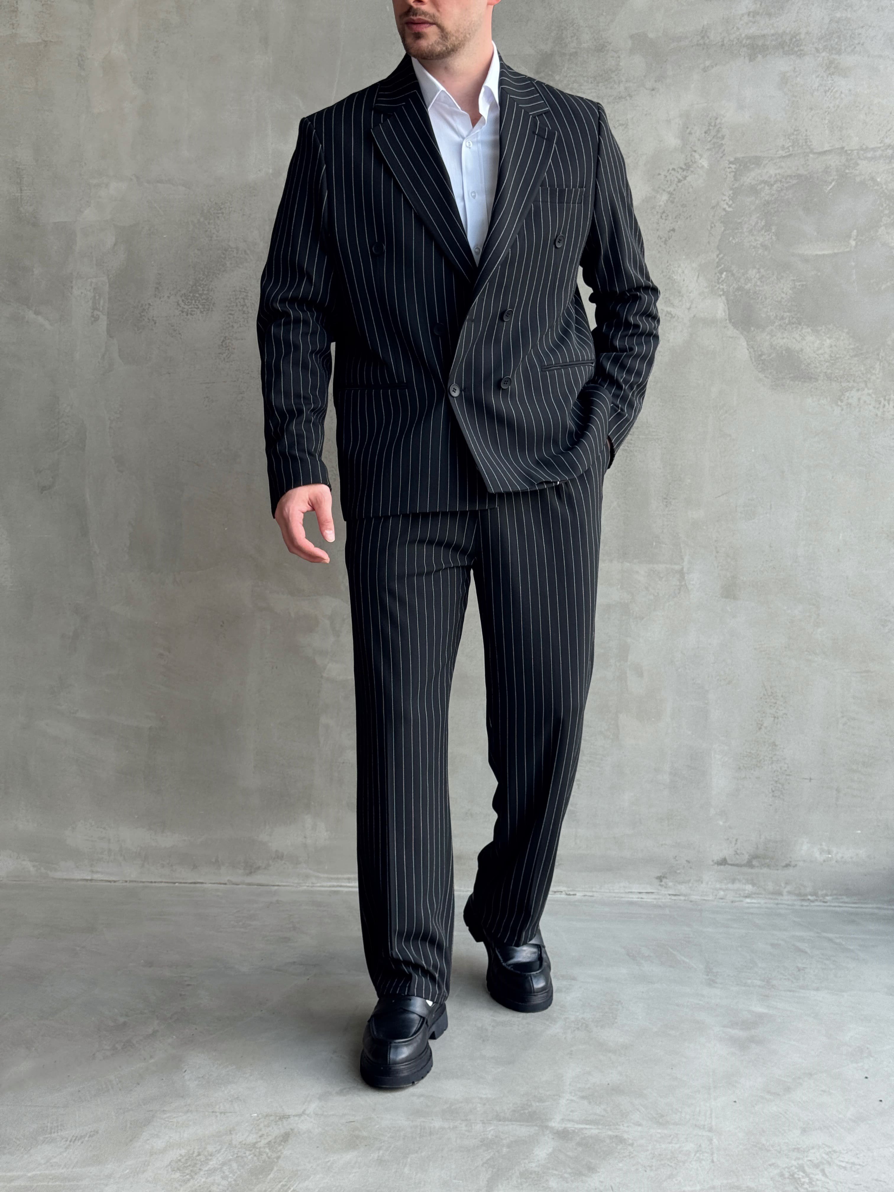 Erkek Business Collection Oversize Kalıp Kruvaze Model Çizgili Takım Elbise-Siyah(E1787)Ketench