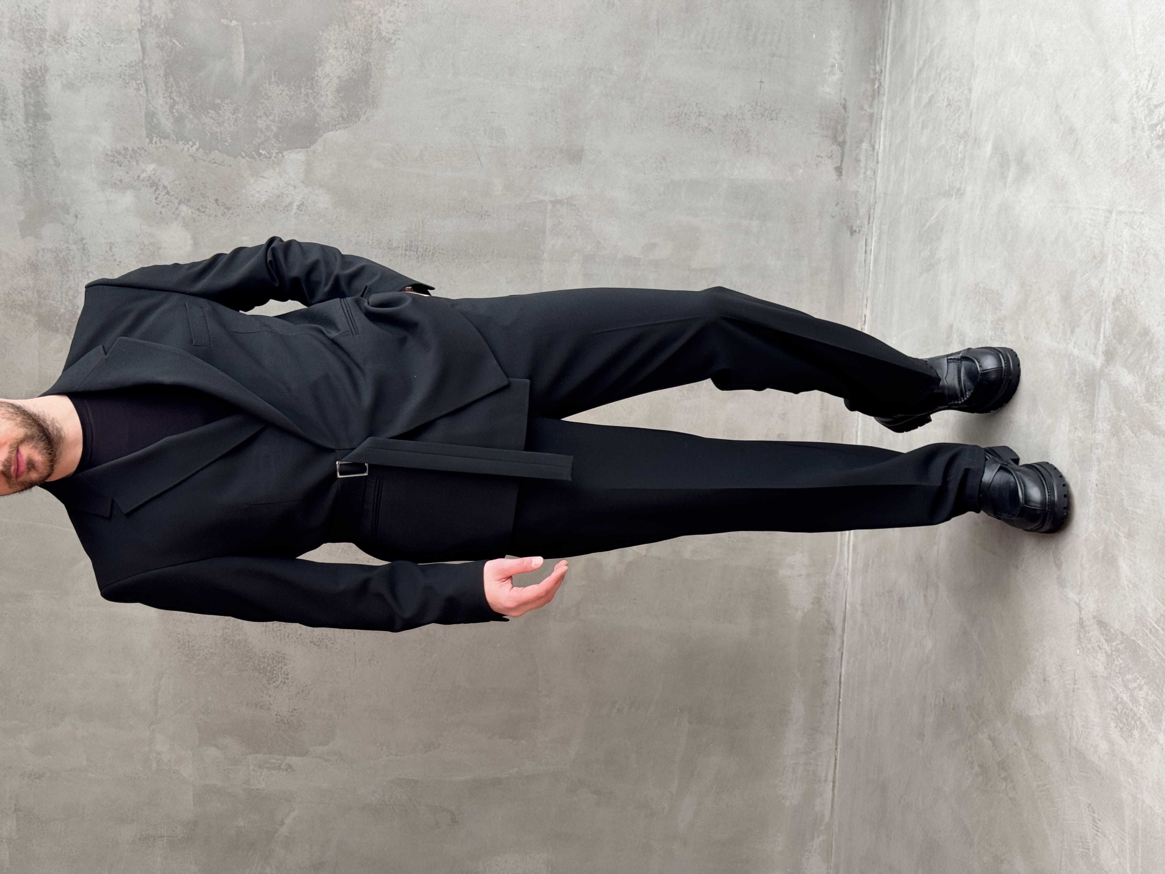 Erkek Business Collection Oversize Kalıp Kuşak Detaylı Kruvaze Model Takım Elbise-Siyah(E1896)Ketench