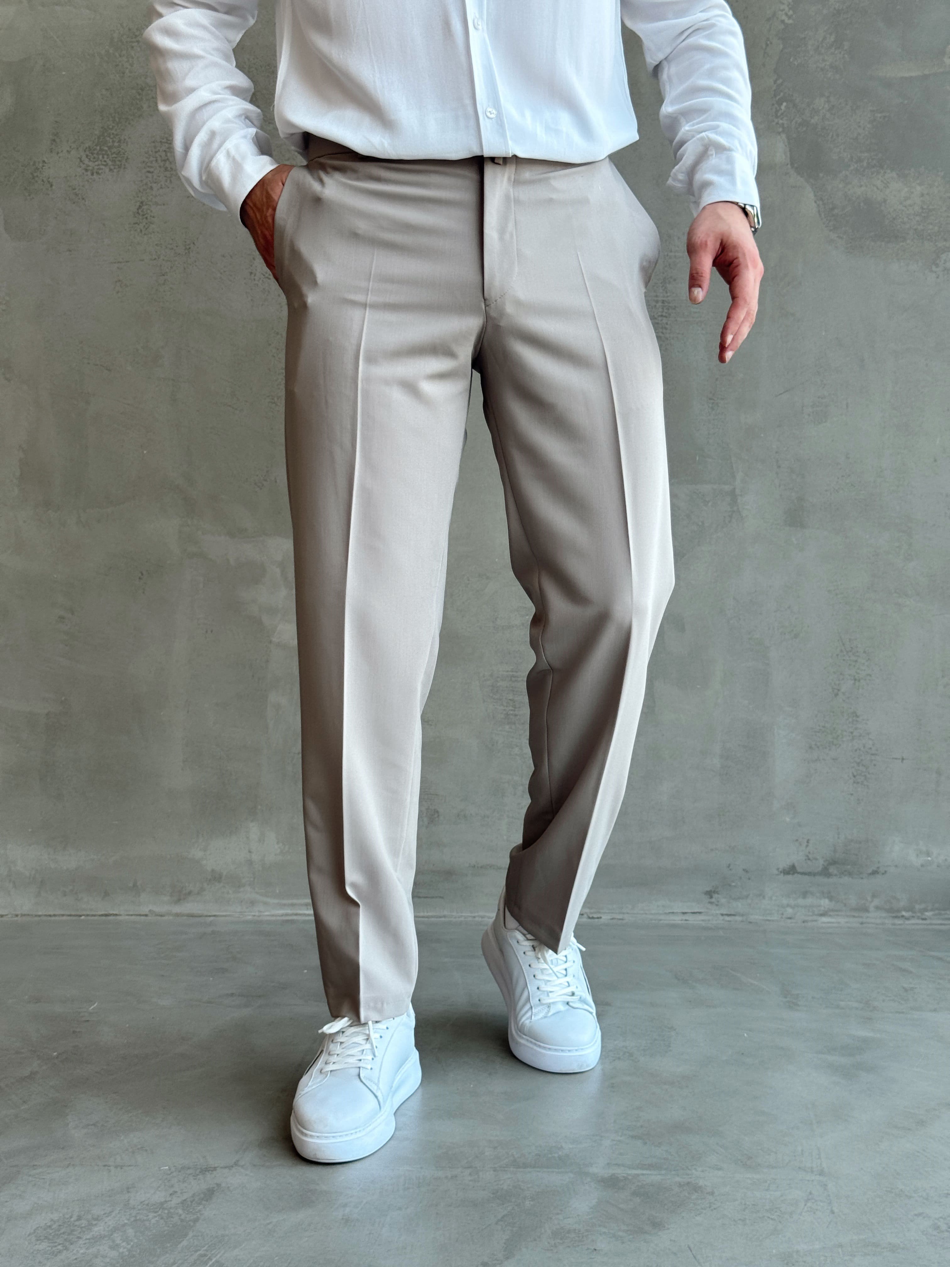 Erkek Business Collection Regular Kalıp Çift Düğme Detaylı Kombinlenebilir Kumaş Pantolon-Taş(E1698)Ketench