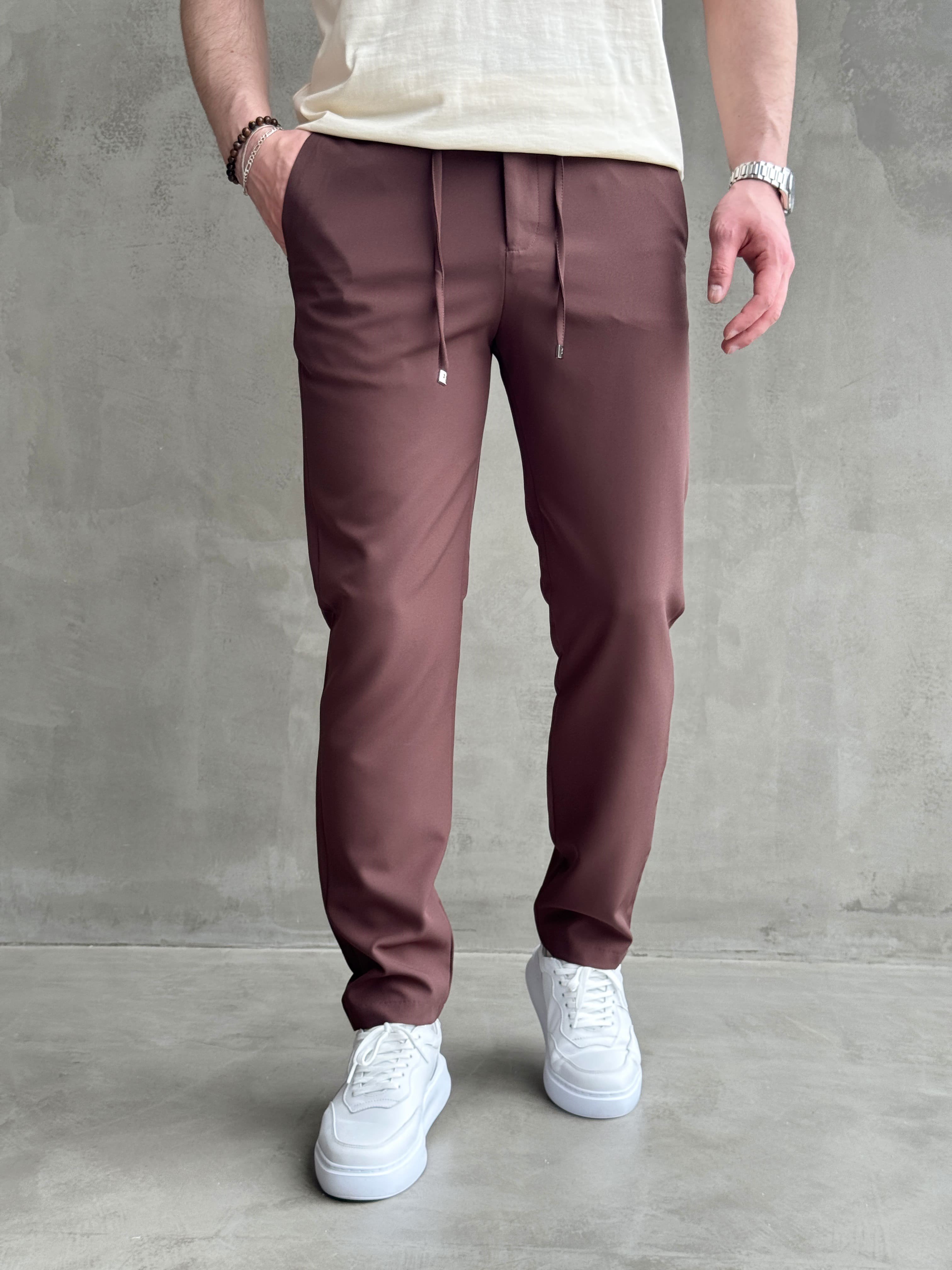 Erkek Business Collection Regular Kalıp Beli Lastikli Bağcıklı Ofis Boy Kumaş Pantolon-Kahverengi(E1699)Ketench