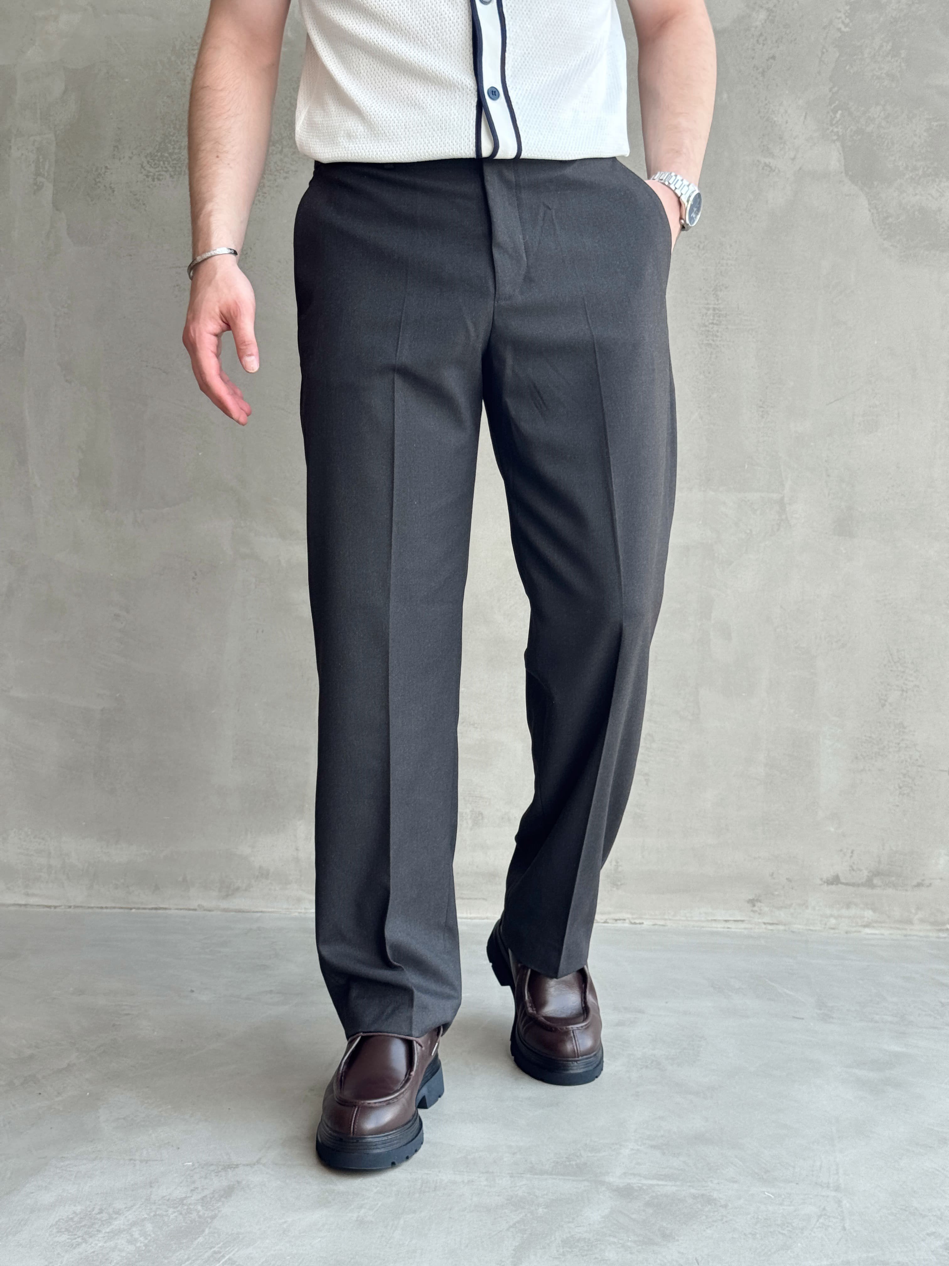Erkek Bussines Colection Baggy Kalıp Çift Düğme Detaylı Kumaş Pantolon-Koyu Kahverengi(E1764)Ketench