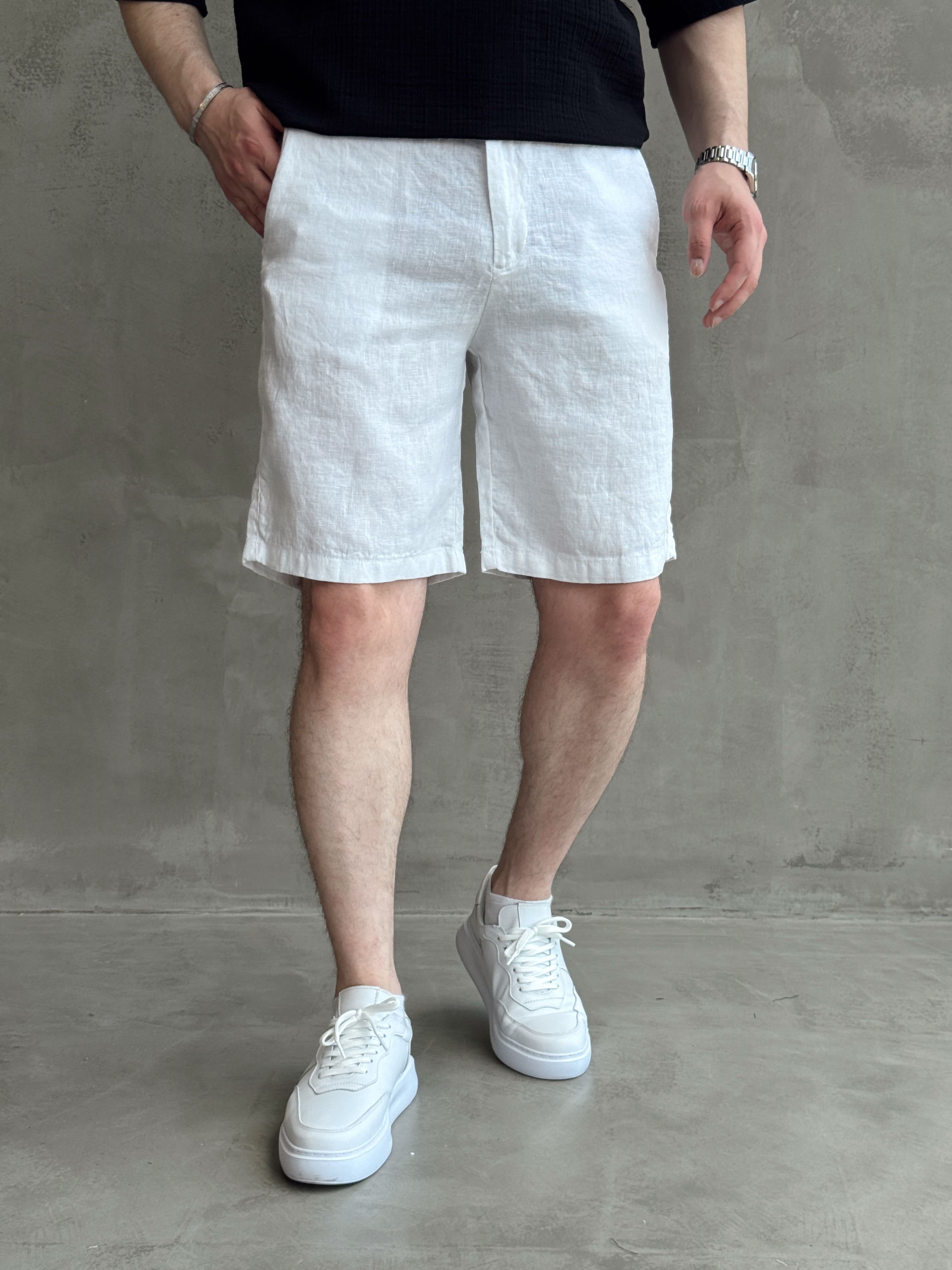 Erkek Bussines Colection Loose Fit İp Detaylı Beli Lastikli %100 Keten Şort-Beyaz(E1766)Ketench