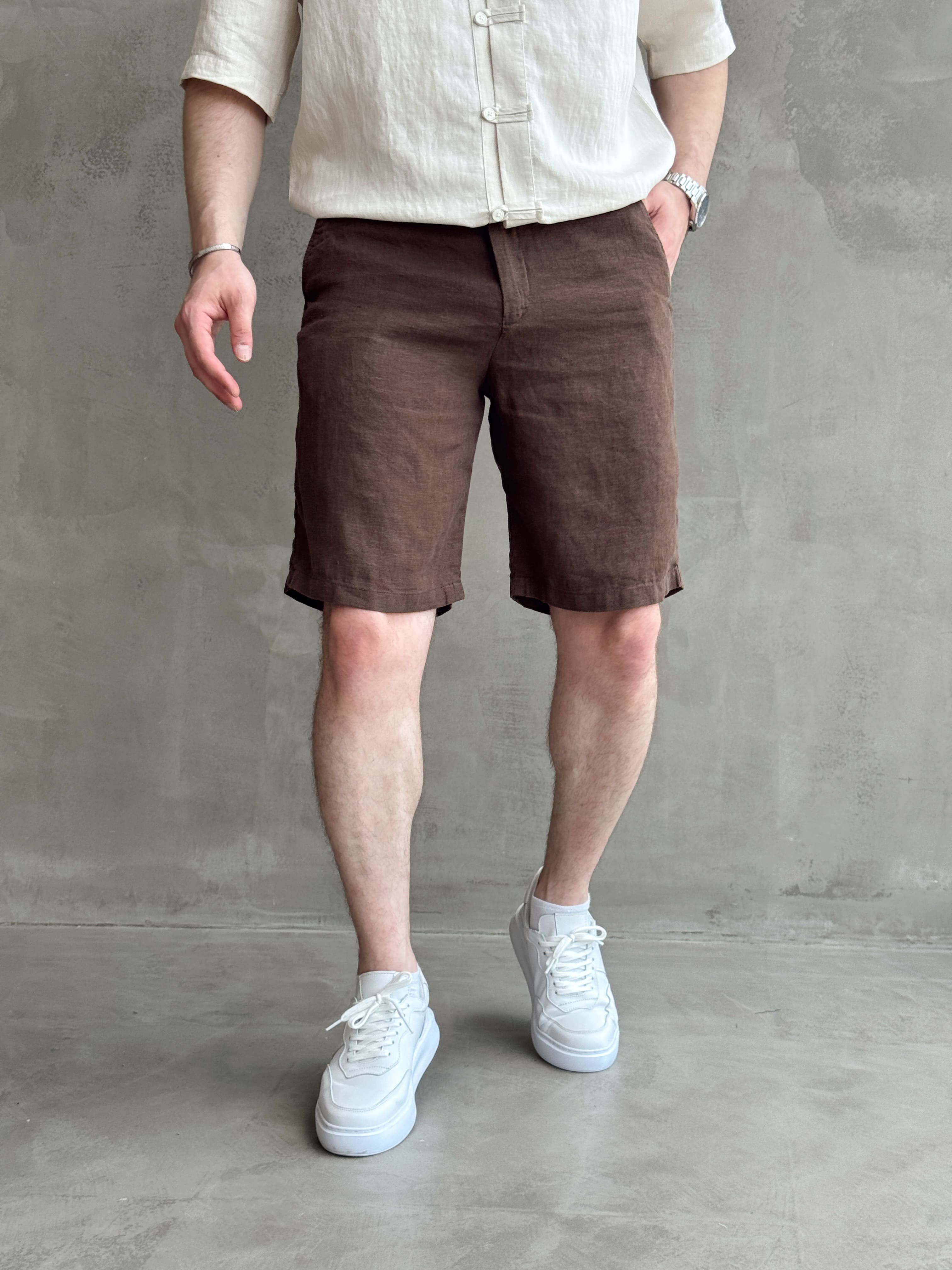 Erkek Bussines Colection Loose Fit İp Detaylı Beli Lastikli %100 Keten Şort-Kahverengi(E1766)Ketench