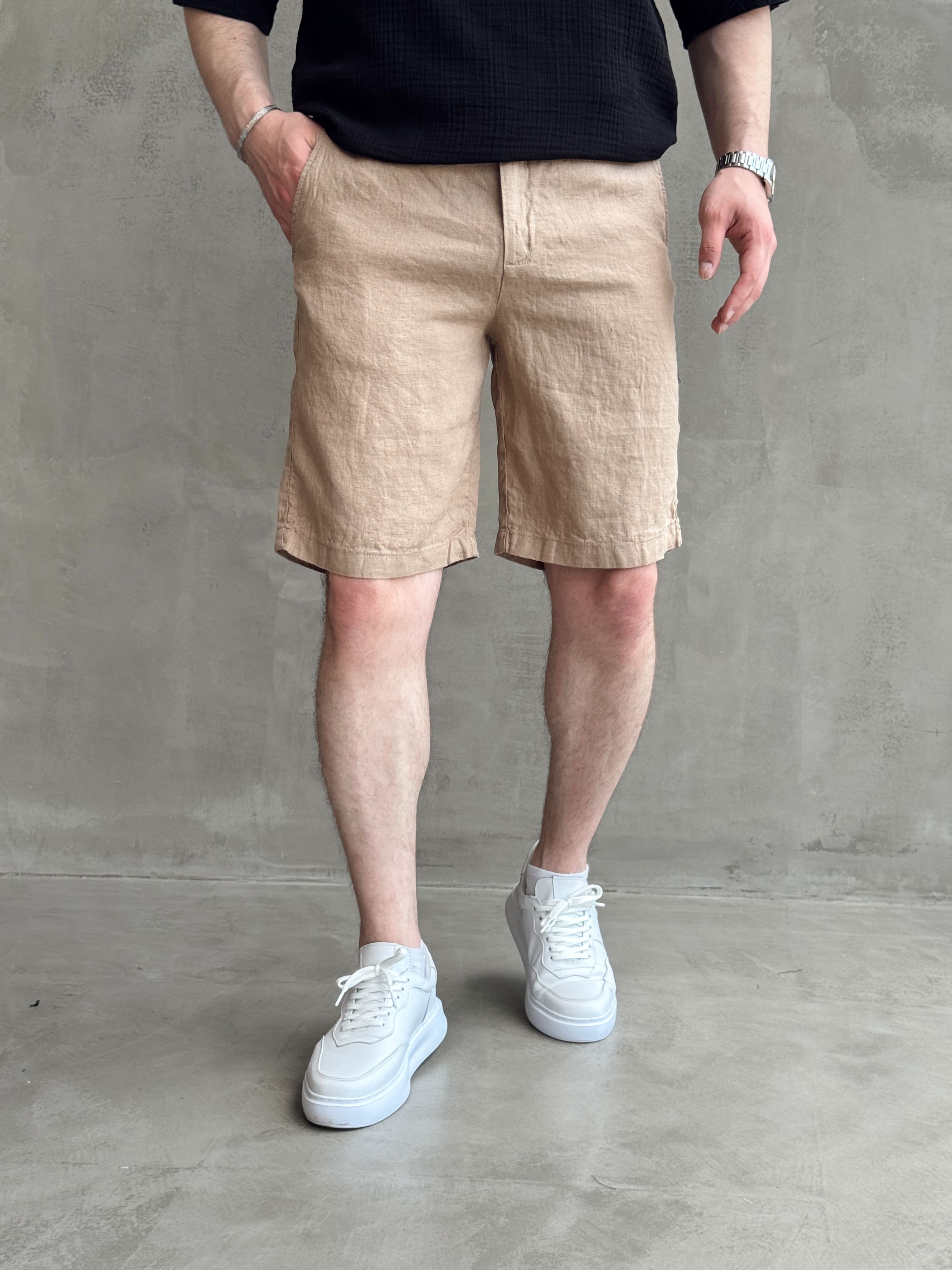 Erkek Bussines Colection Loose Fit İp Detaylı Beli Lastikli %100 Keten Şort-Vizon(E1766)Ketench