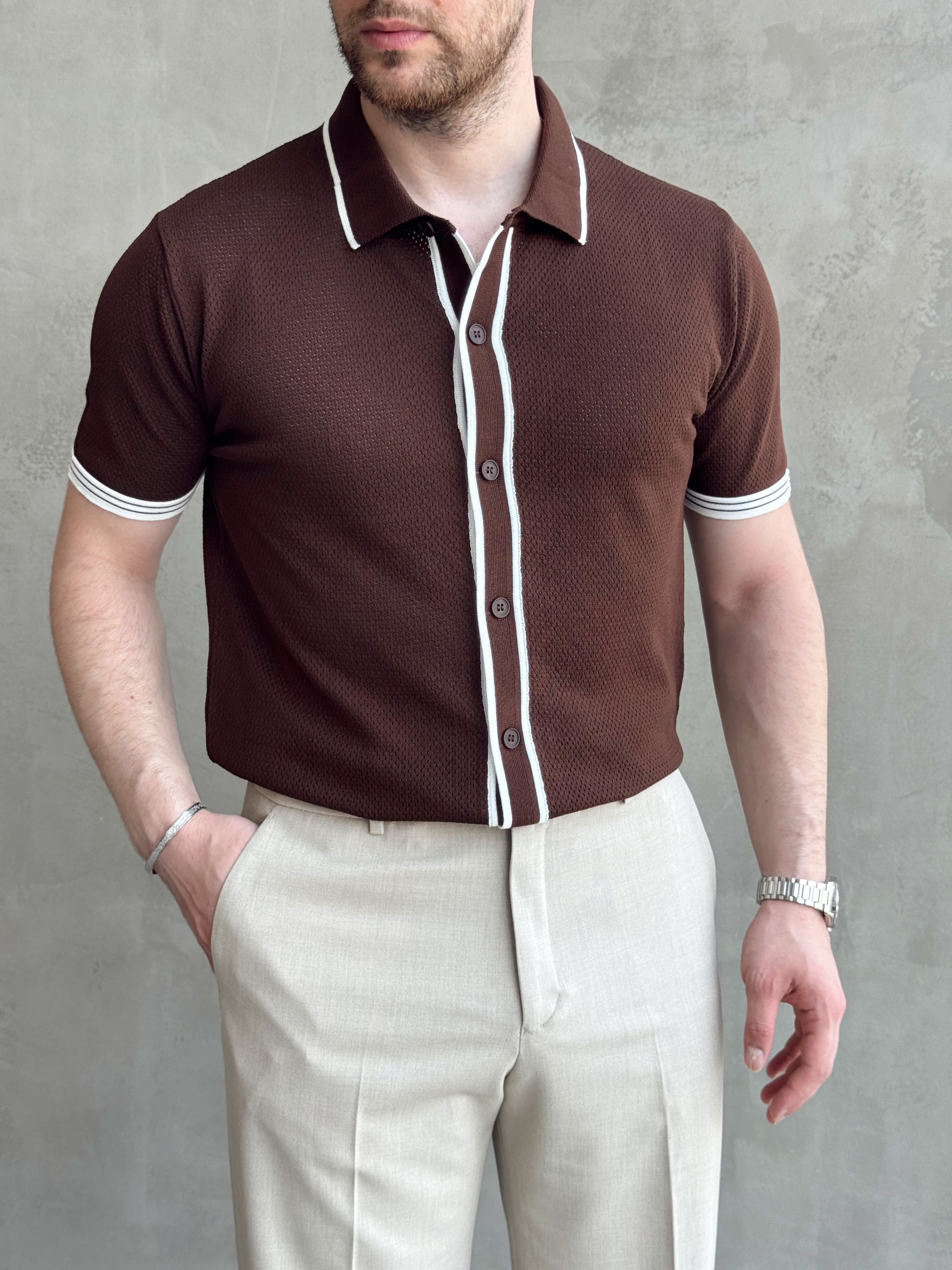Erkek Bussines Colection Regular Fit Düğme Detaylı Triko T-Shirt-Kahverengi(E1765)Ketench