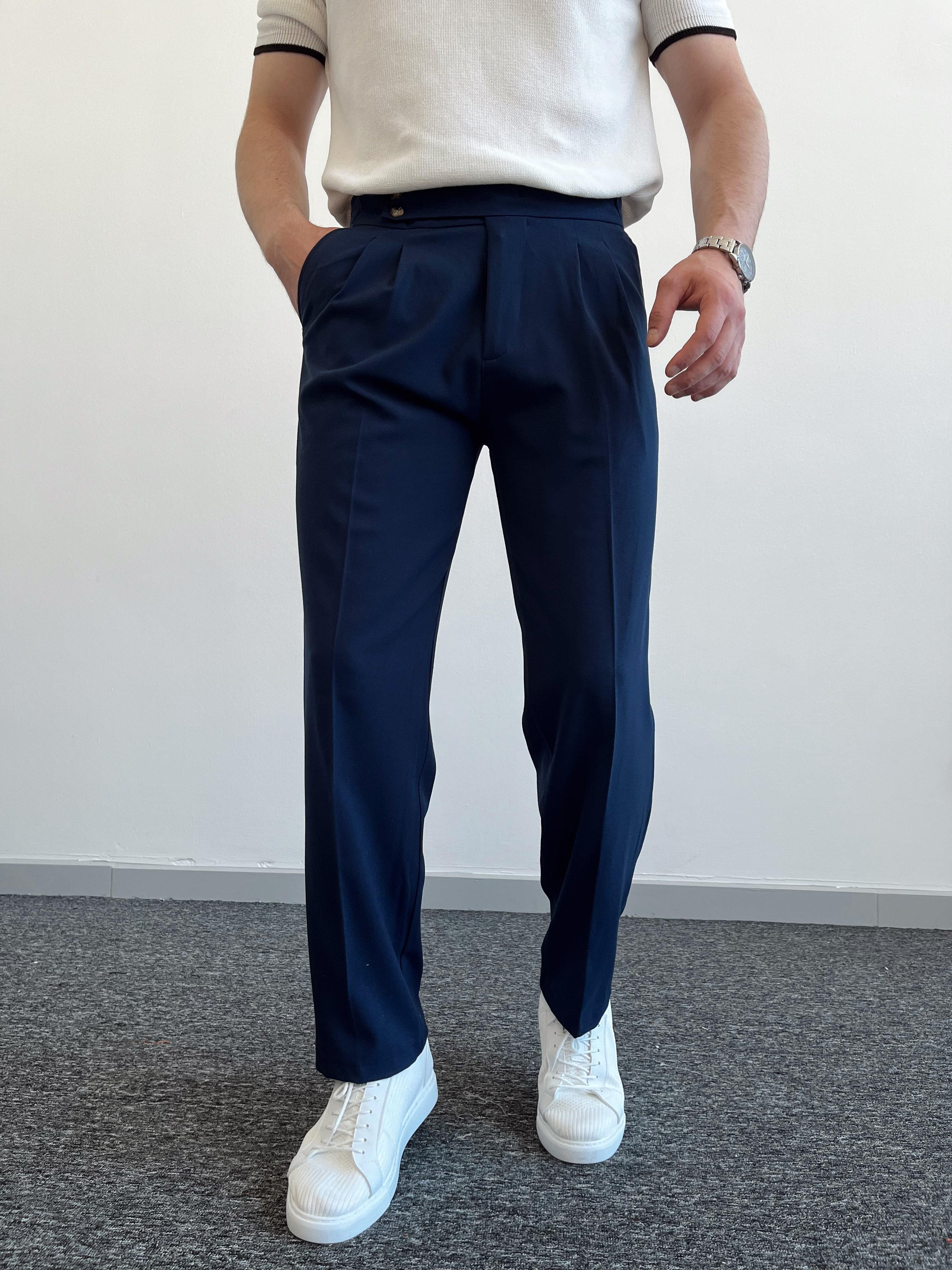 Erkek Çift Toka Detaylı Baggy Kumaş Pantolon-Lacivert(E1076)Ketench