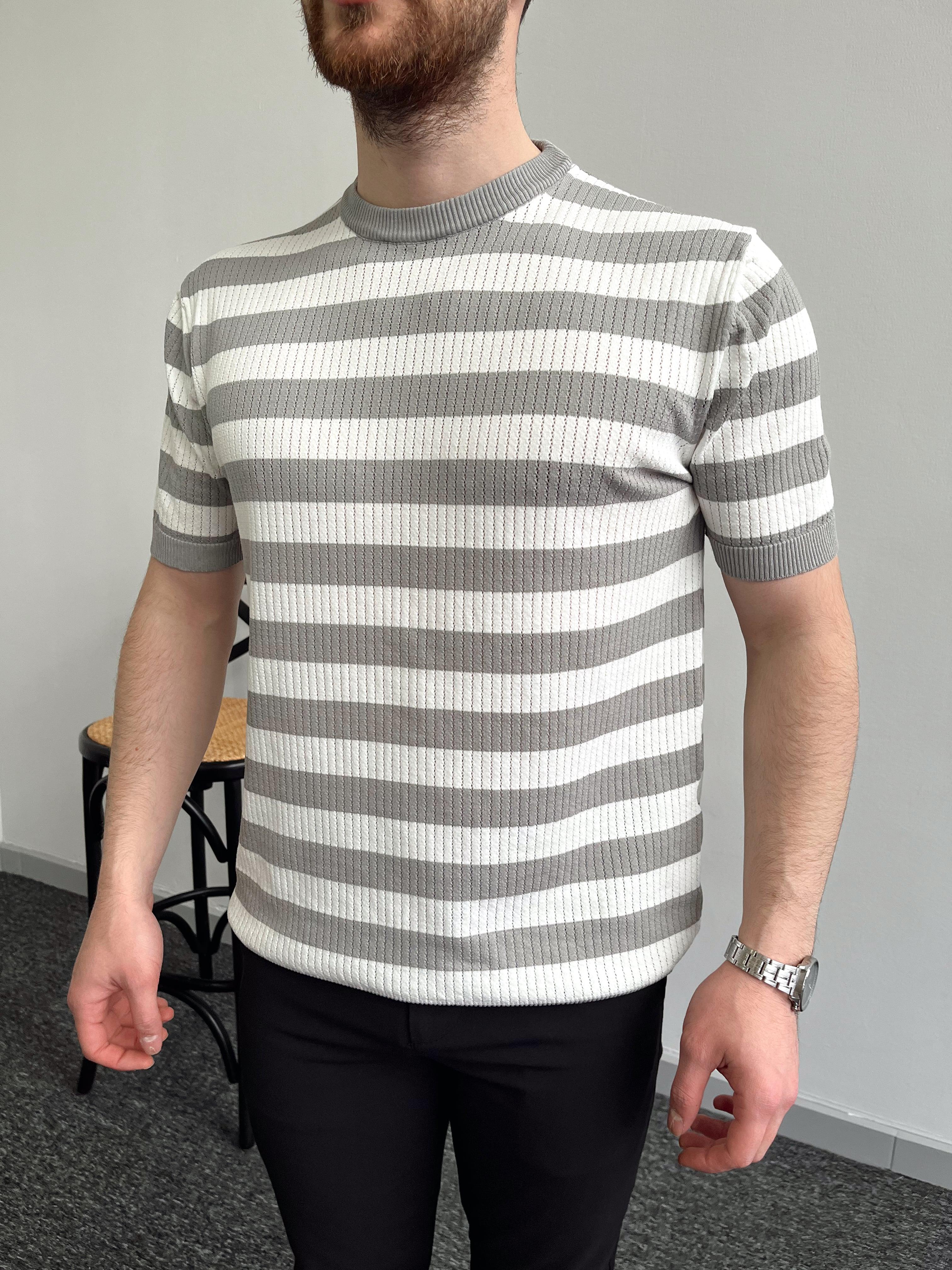 Erkek Çizgili Sıfır Yaka Kısa Kollu Triko T-Shirt-Gri(E1018)Ketench