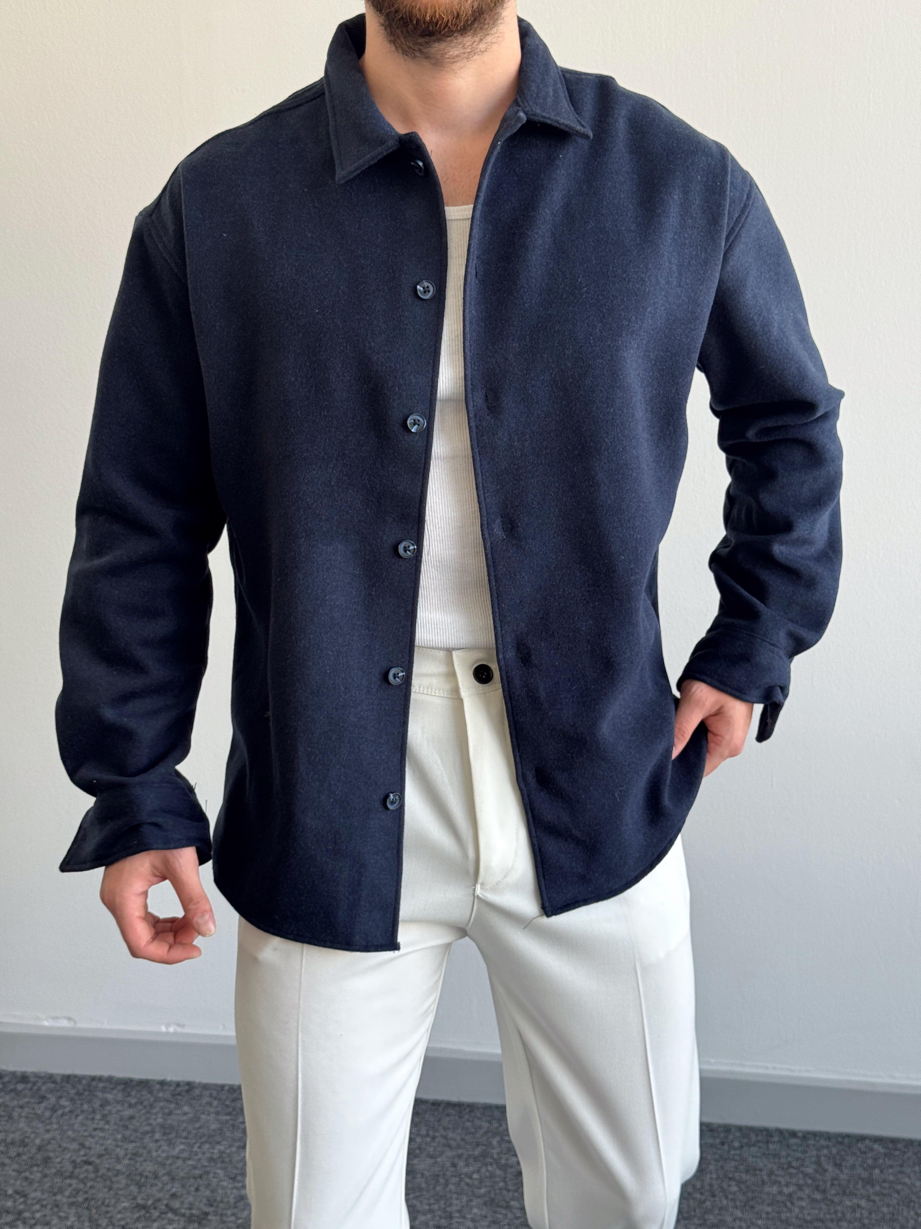 Erkek Düğme Detaylı Oversize Old Money Kaşe Ceket-Lacivert(E1157)Ketench