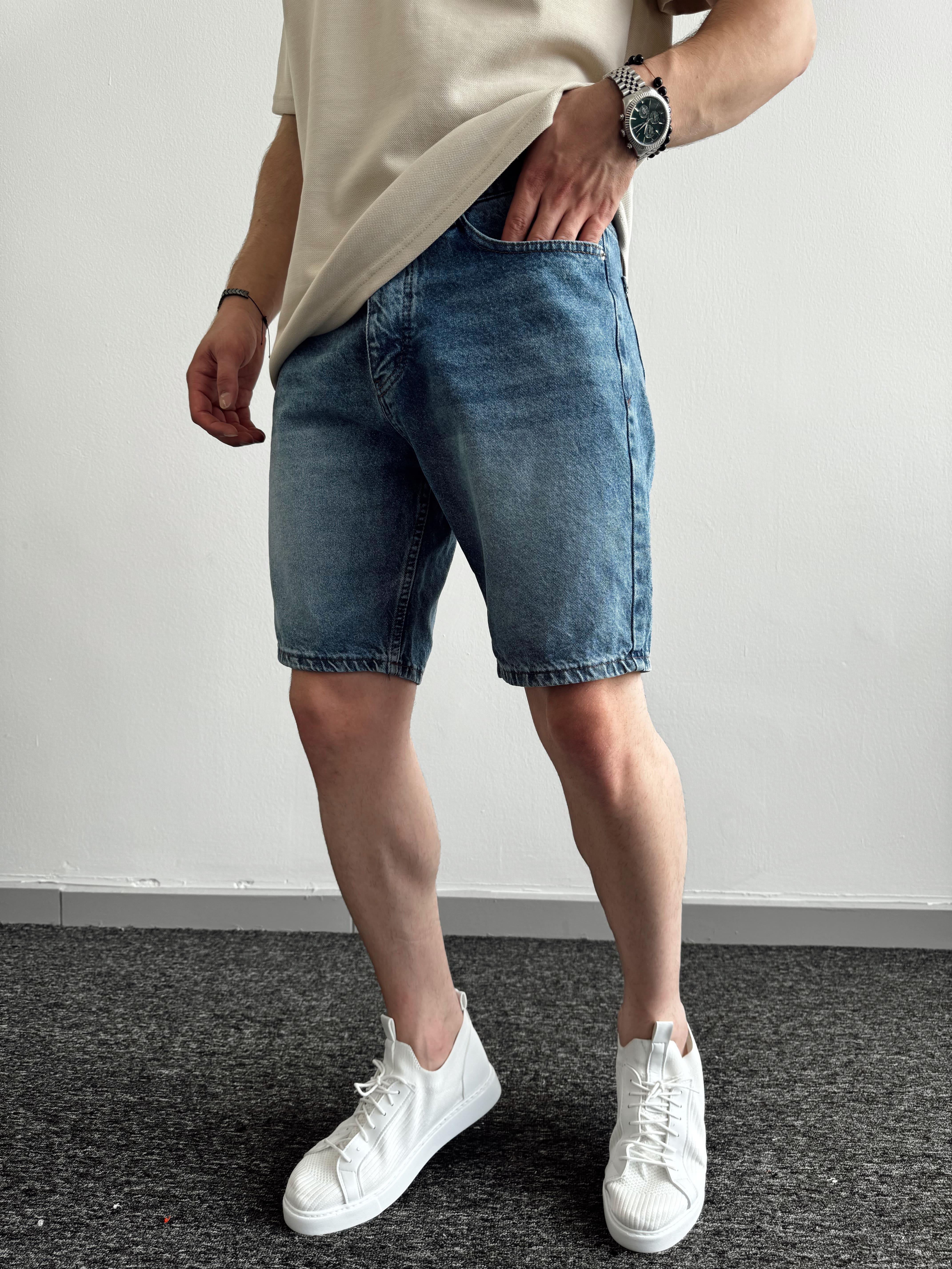 Erkek Düğmeli Oversize Kot Şort-Mavi(E1091)Ketench