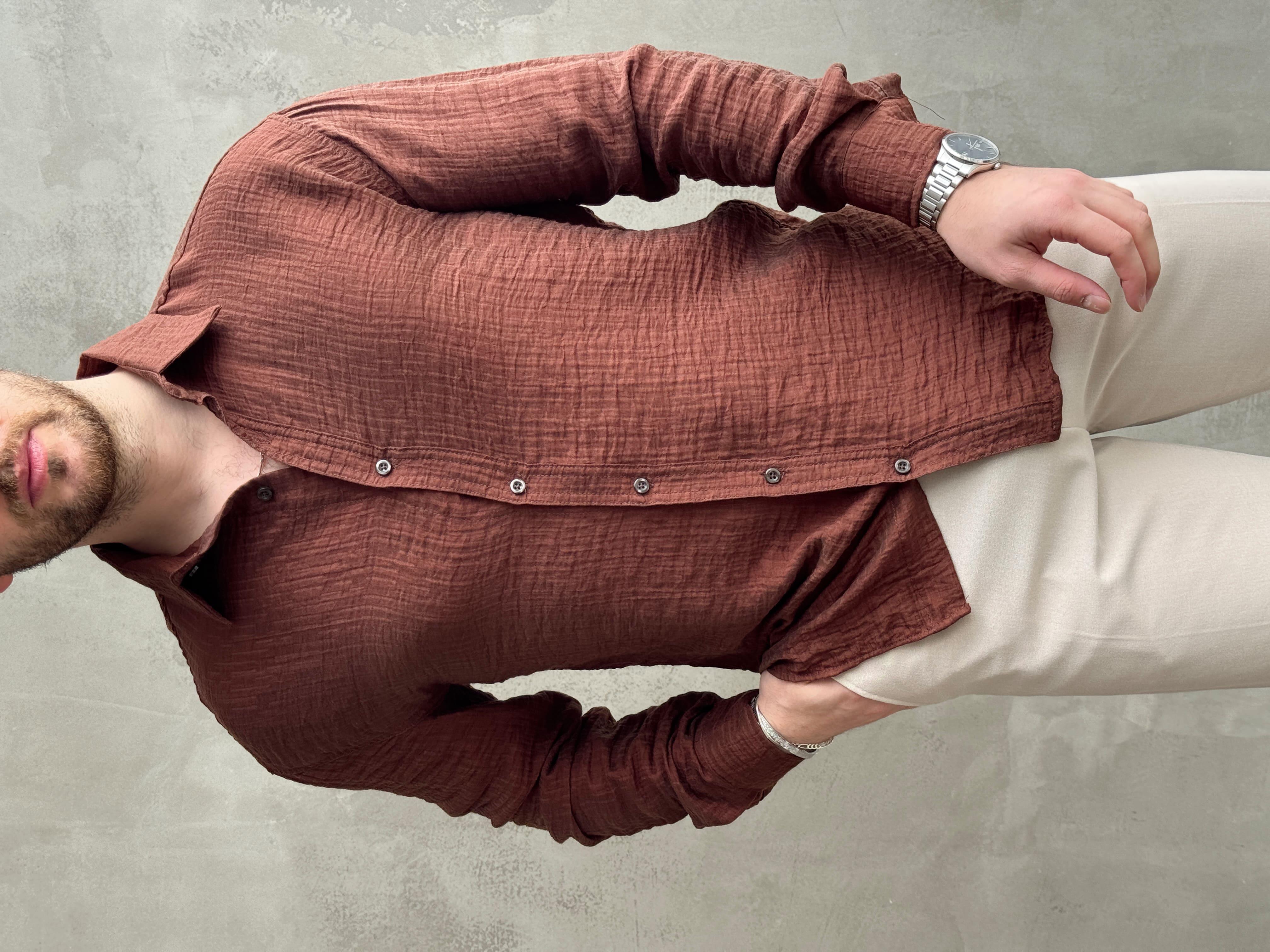 Erkek Efsane Stil Oversize Kalıp Ferahlatıcı Terletmeyen Kumaş Gömlek-Kahverengi(E1637)Ketench