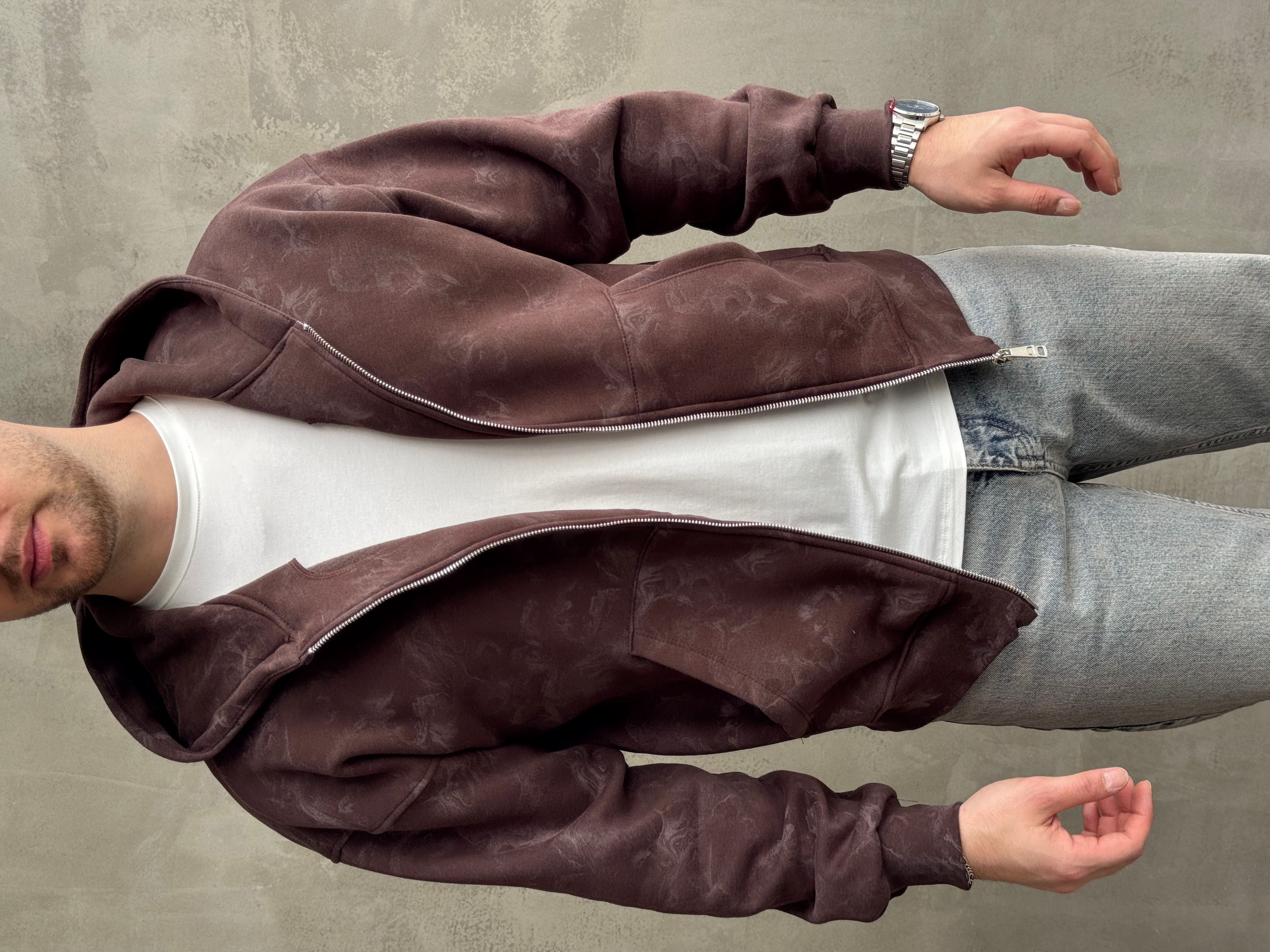 Erkek Elit Kalite Oversize Kalıp Asit Yıkamalı Şardonlu Zip Hırka-Kahverengi(E1887)Ketench