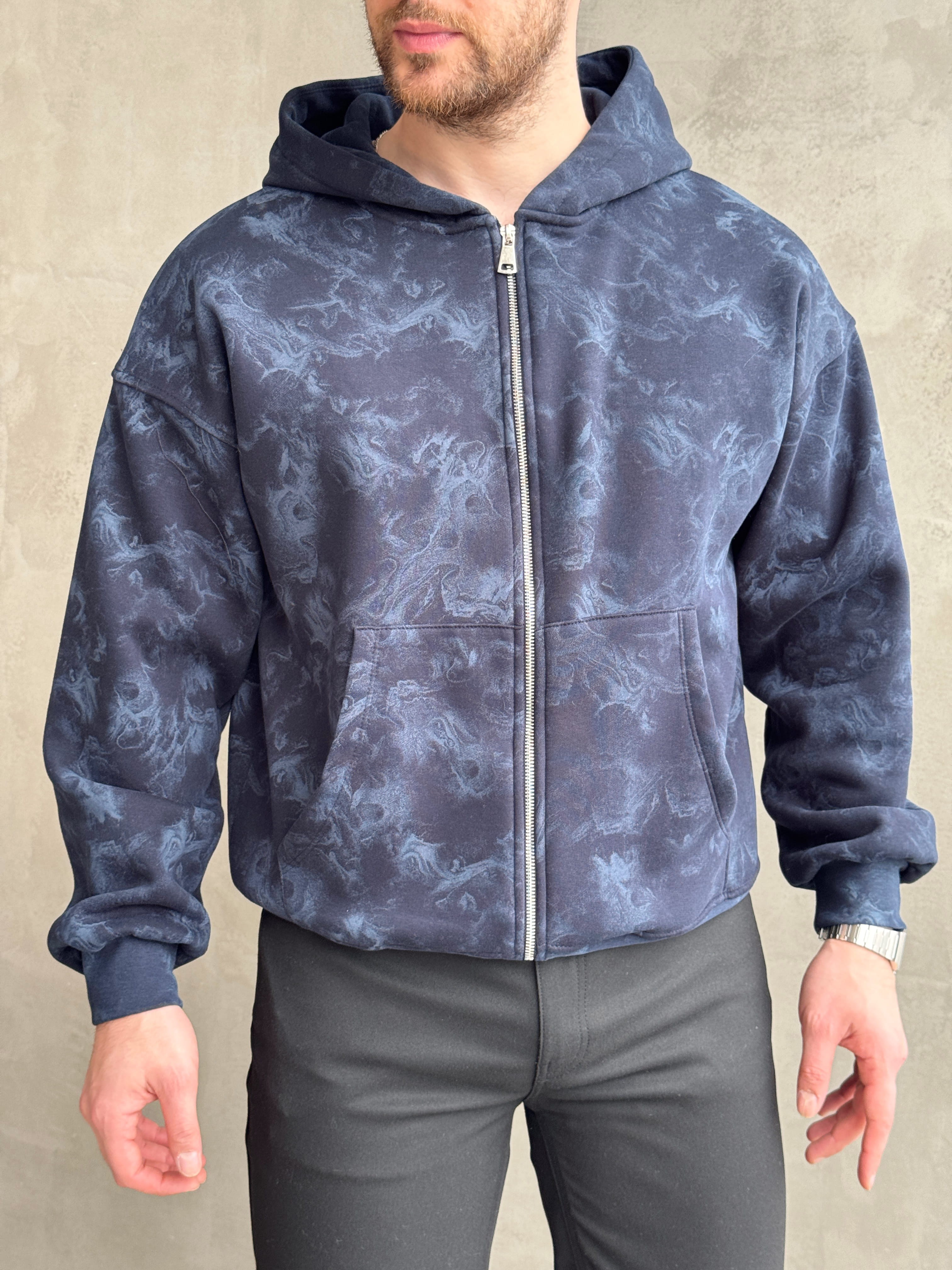 Erkek Elit Kalite Oversize Kalıp Asit Yıkamalı Şardonlu Zip Hırka-Lacivert(E1887)Ketench