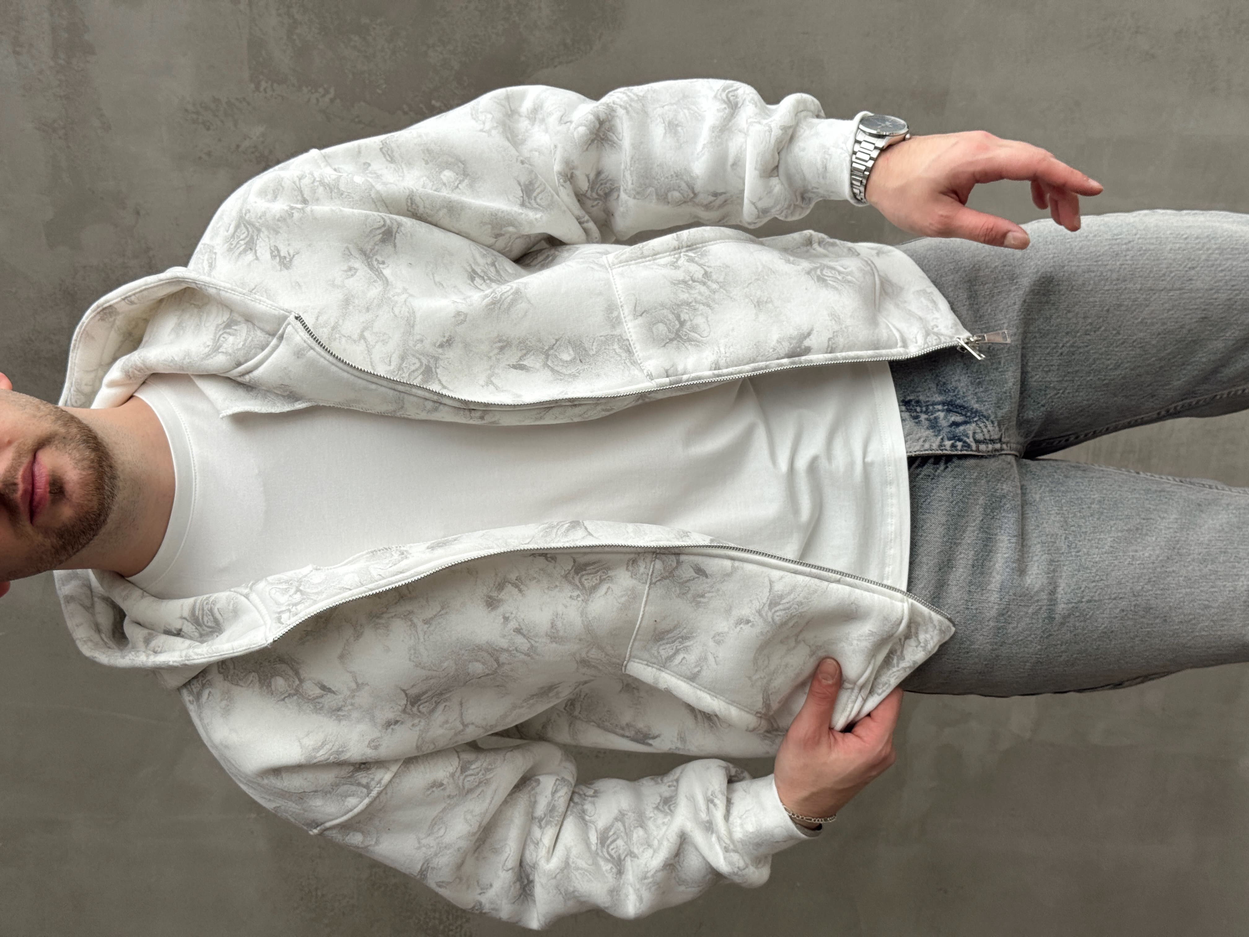 Erkek Elit Kalite Oversize Kalıp Asit Yıkamalı Şardonlu Zip Hırka-Beyaz(E1887)Ketench