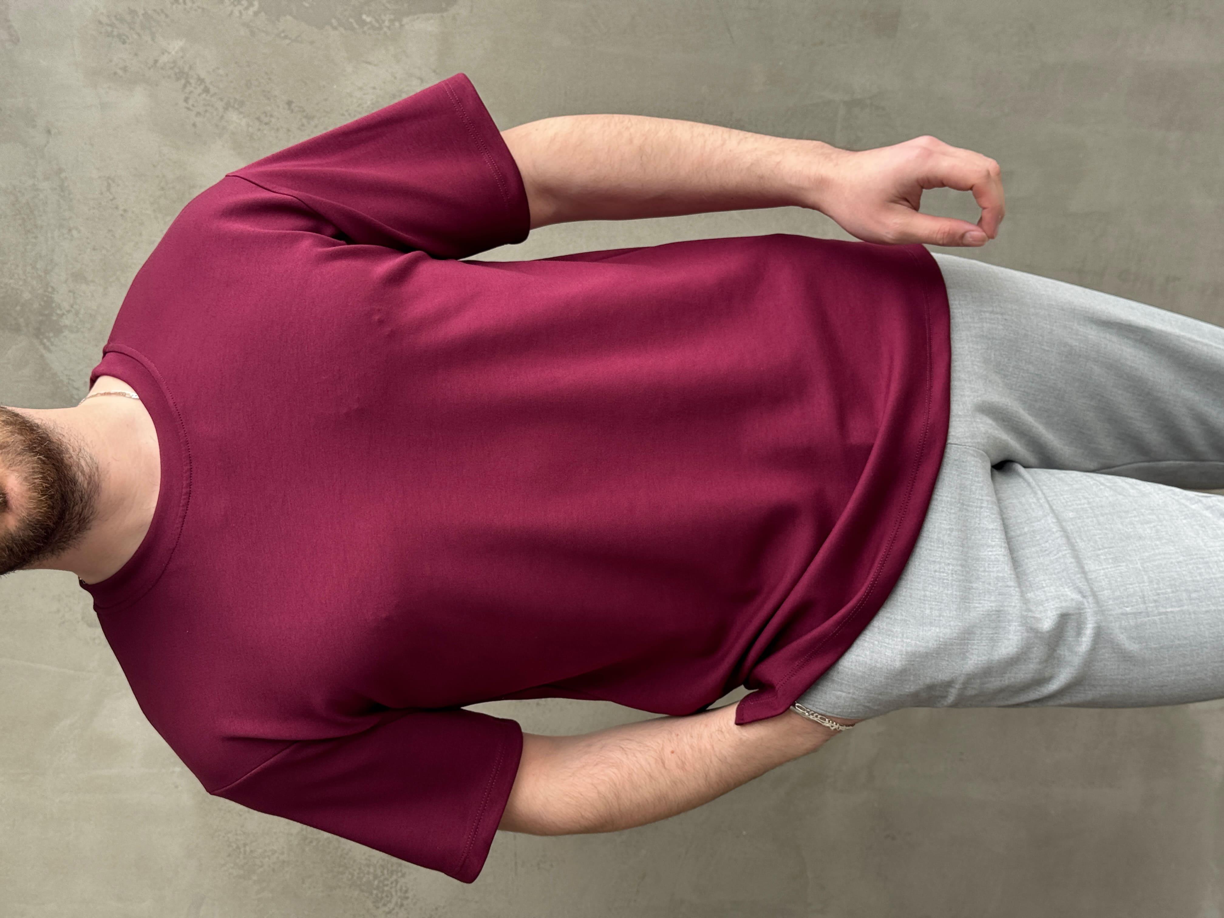 Erkek Elit Kalite Oversize Kalıp Bisiklet Yaka Düz Model T-Shirt-Bordo(E1689)Ketench