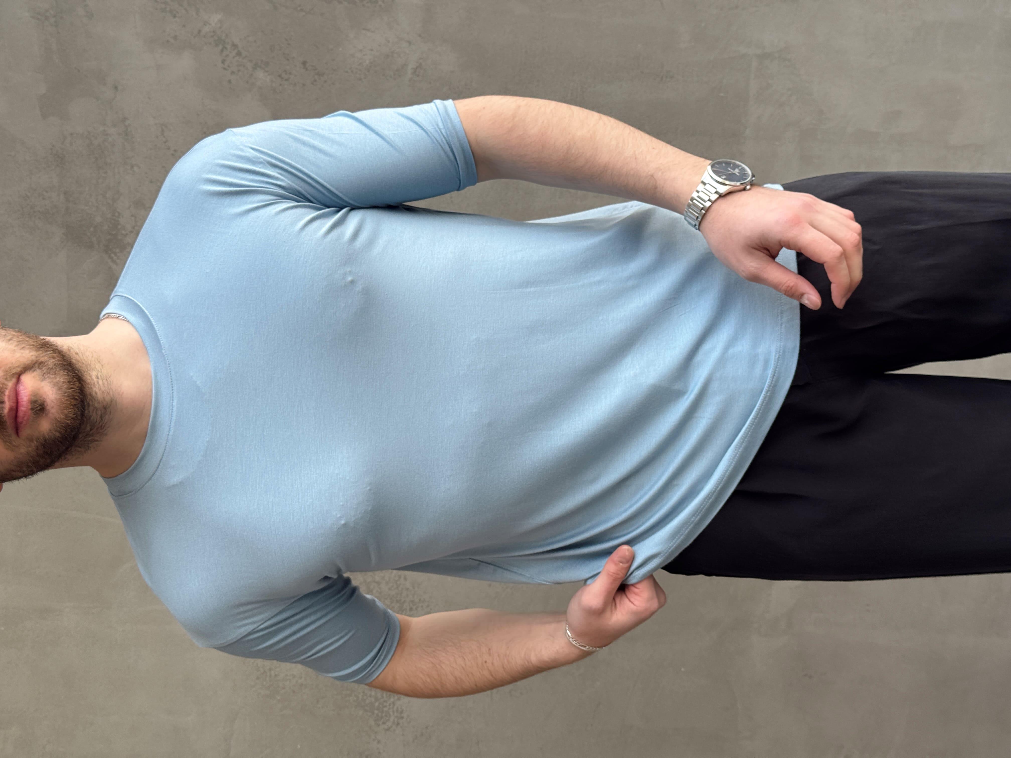 Erkek Elit Kalite Oversize Kalıp Bisiklet Yaka Düz Model T-Shirt-Bebe Mavi(E1652)Ketench
