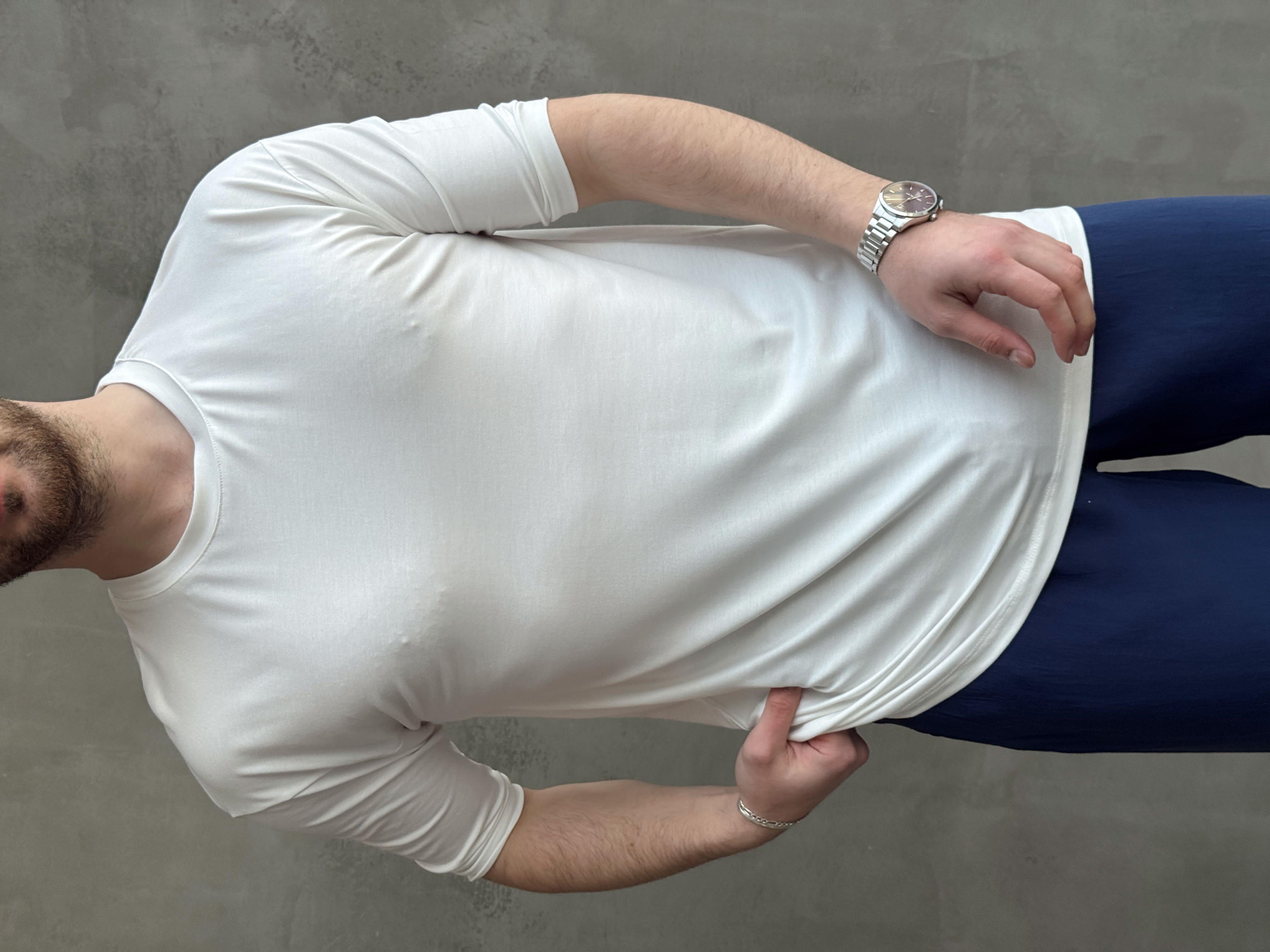 Erkek Elit Kalite Oversize Kalıp Bisiklet Yaka Düz Model T-Shirt-Beyaz(E1652)Ketench