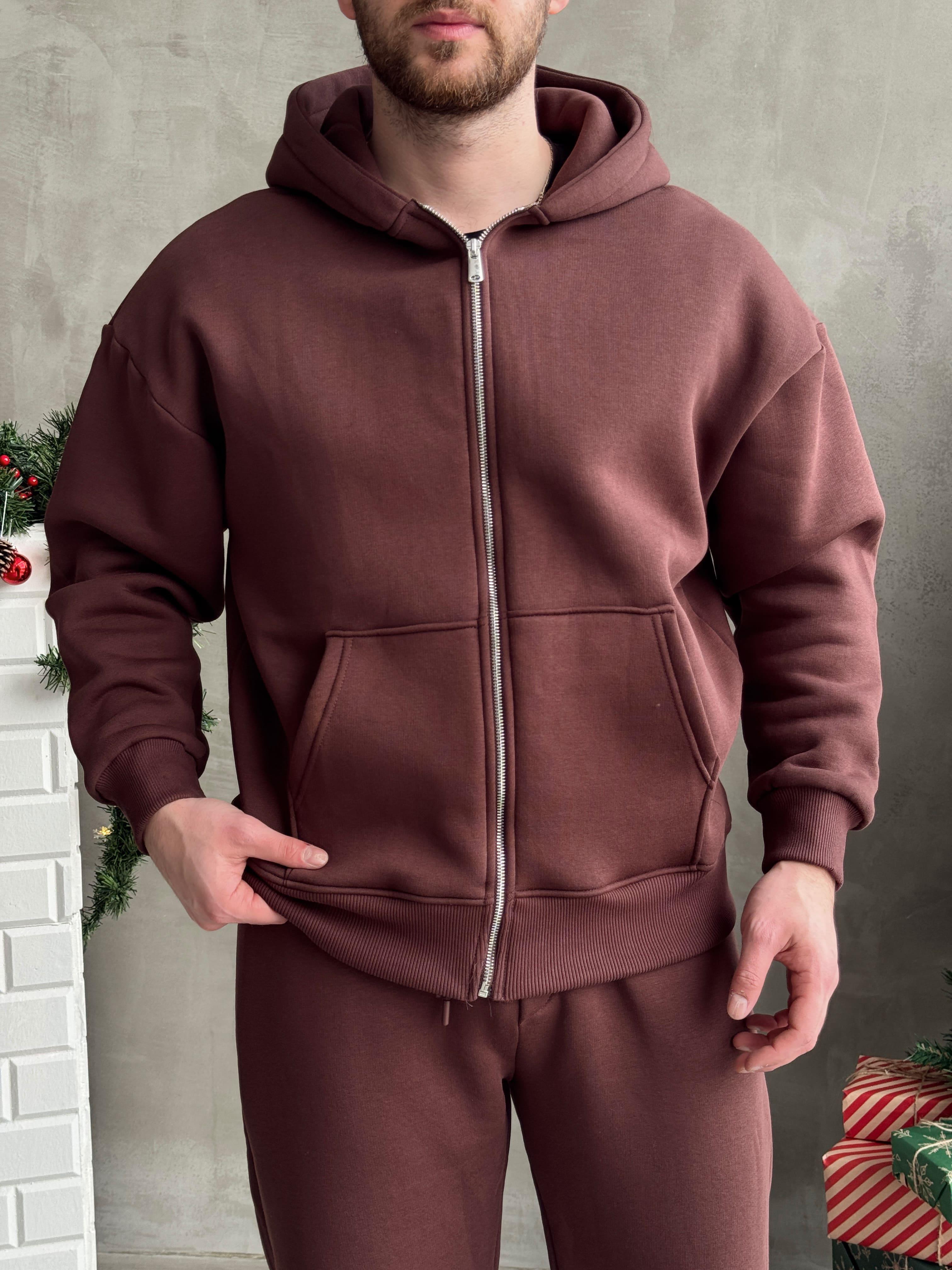 Erkek Elit Kalite Oversize Kalıp Fermuar Detay Kopüşonlu 3 İplik Basic Sweat-Kahverengi(E1589)Ketench