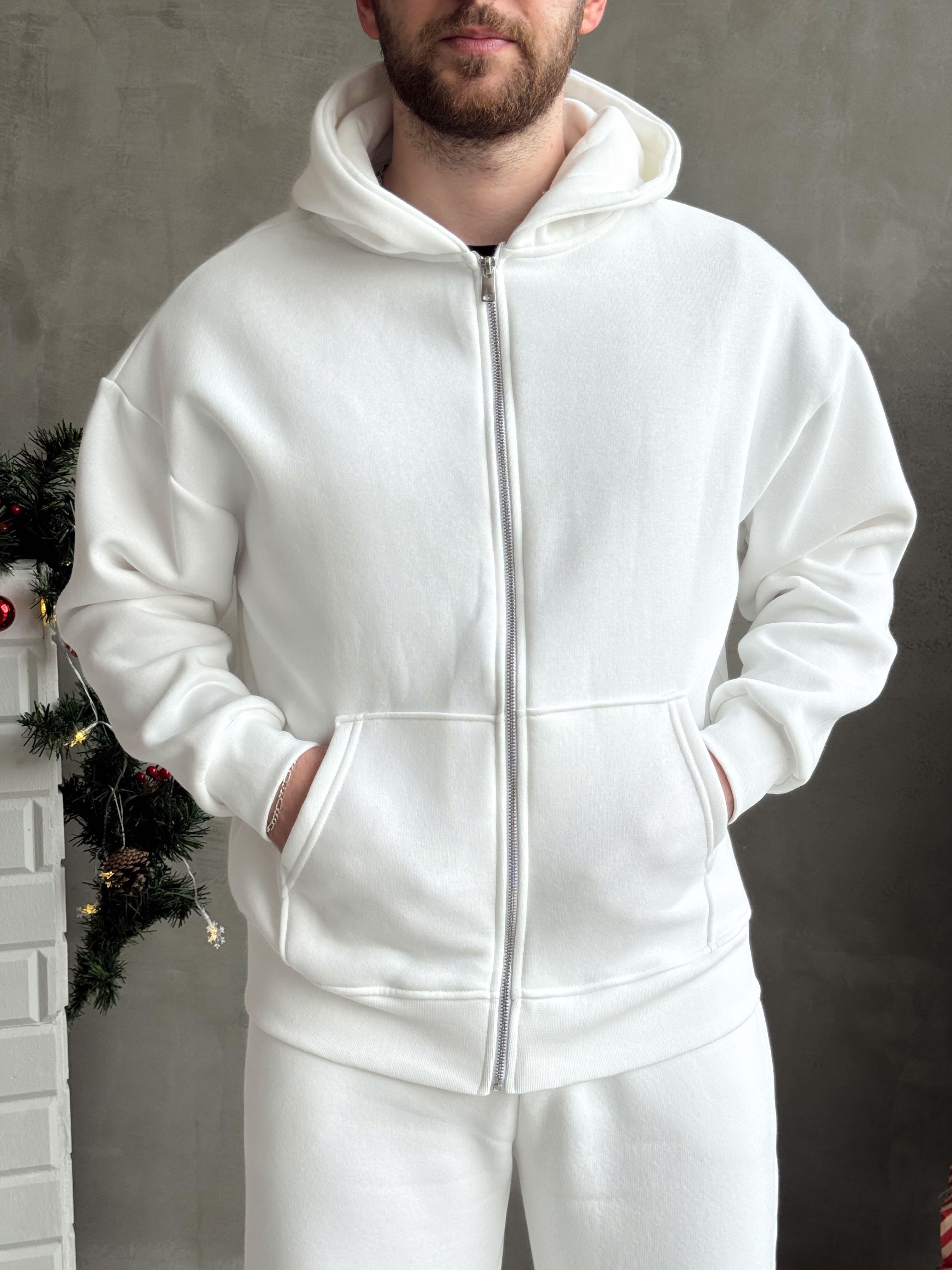 Erkek Elit Kalite Oversize Kalıp Fermuar Detay Kopüşonlu 3 İplik Basic Sweat-Beyaz(E1589)Ketench