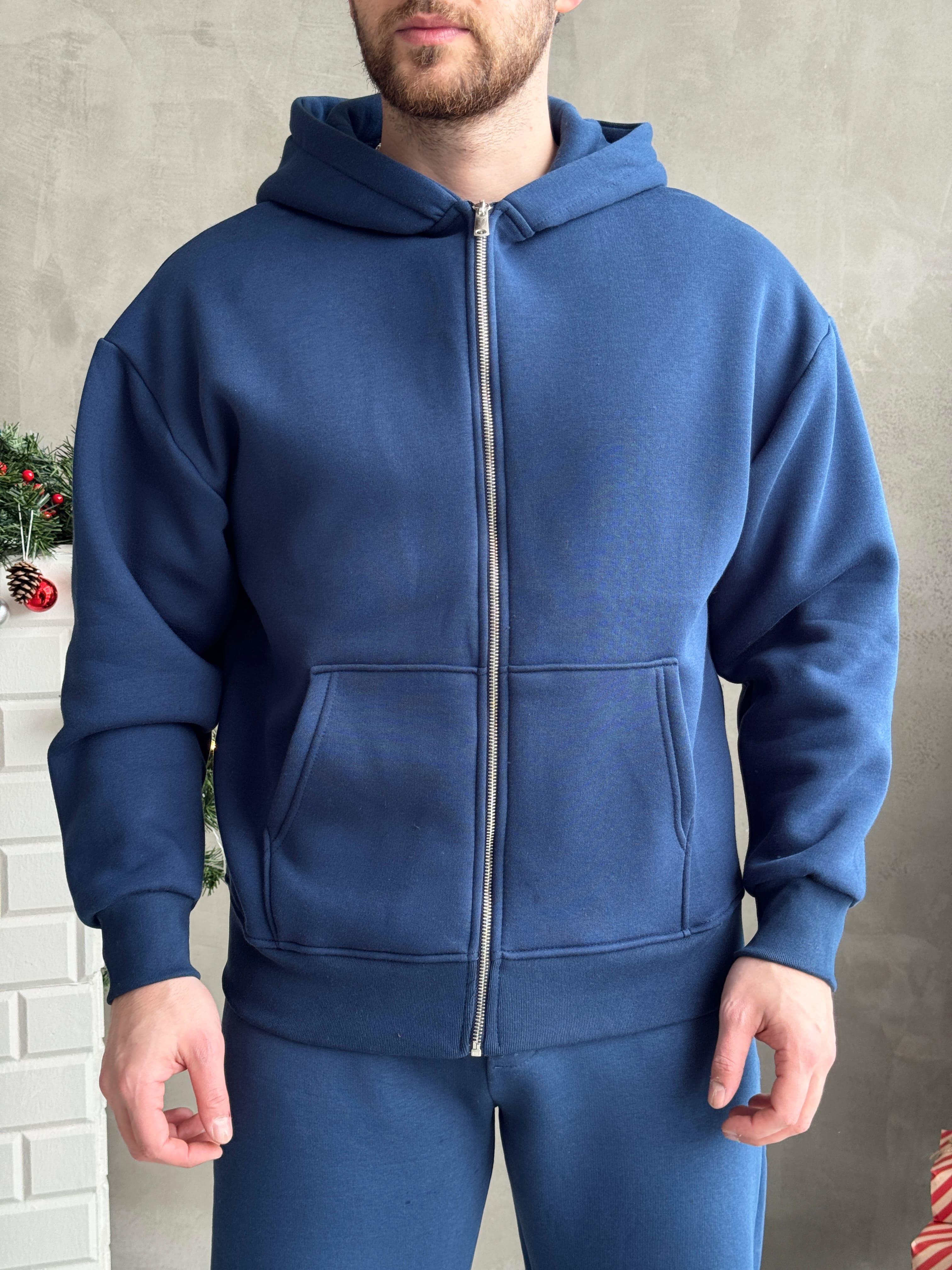 Erkek Elit Kalite Oversize Kalıp Fermuar Detay Kopüşonlu 3 İplik Basic Sweat-Mavi(E1589)Ketench