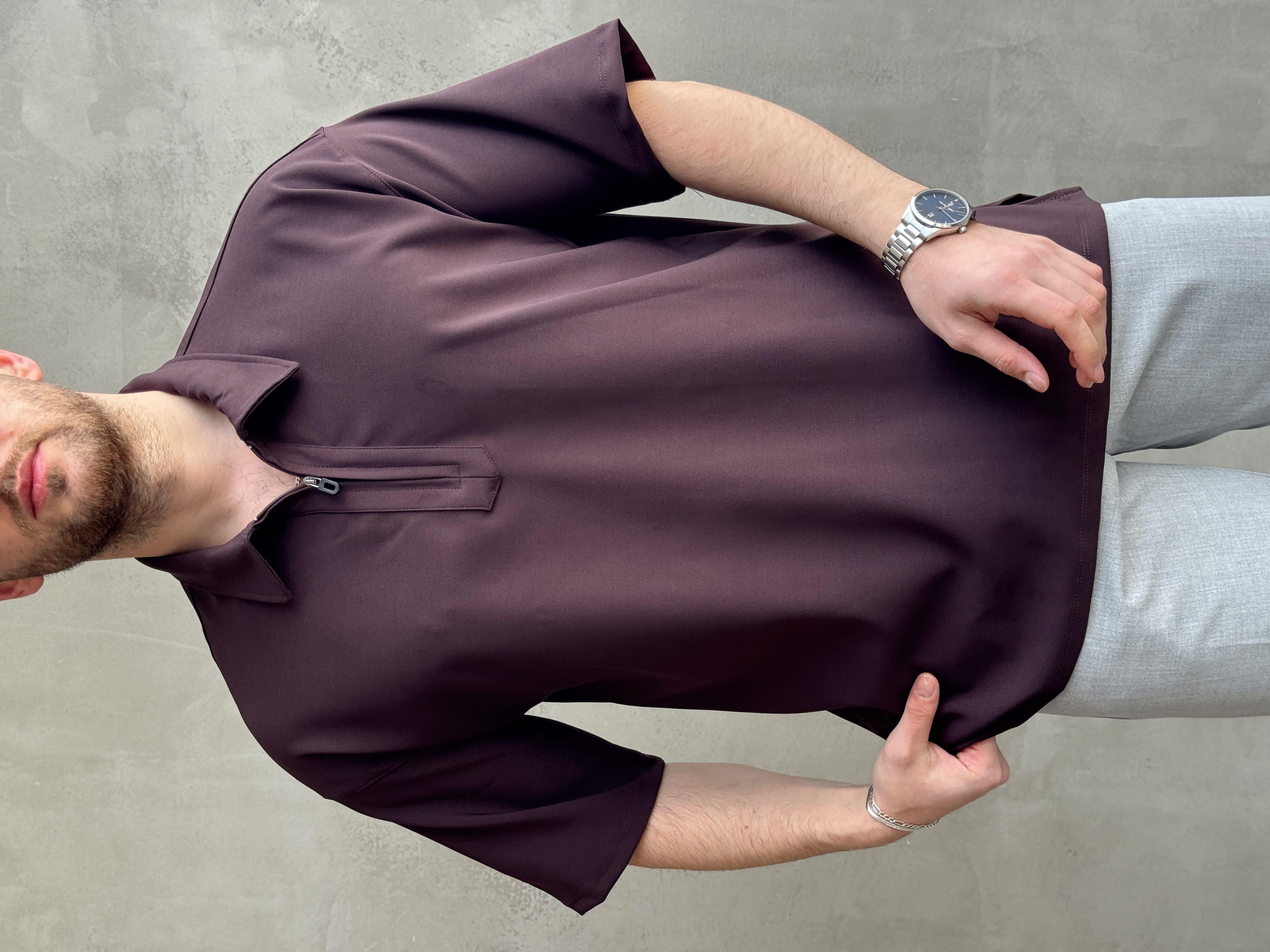 Erkek Elit Kalite Oversize Kalıp Fermuar Detaylı Polo Yaka T-Shirt-Acı Kahve(E1651)Ketench
