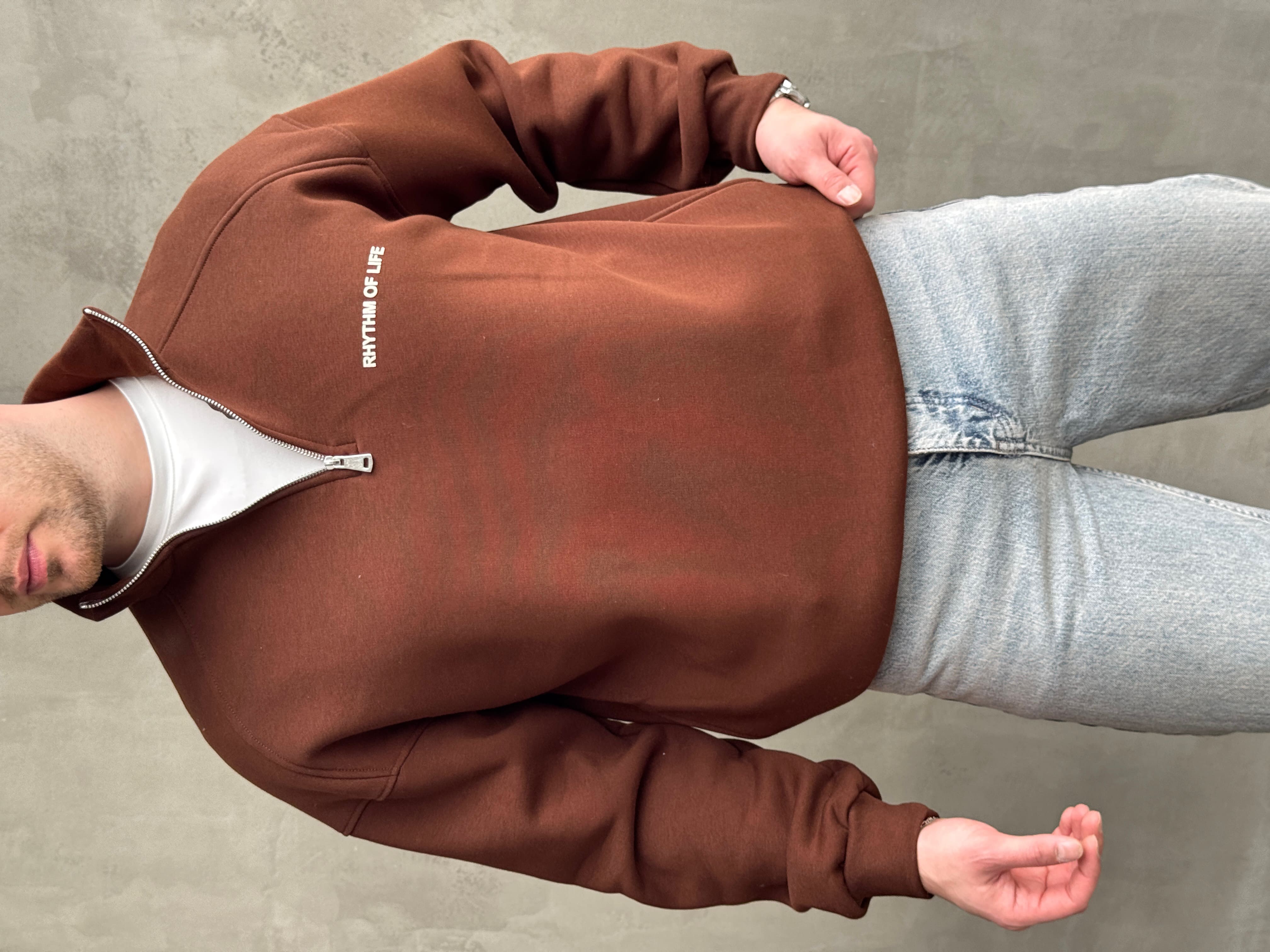 Erkek Elit Kalite Oversize Kalıp Gizli Cep Detaylı Yarım Fermuarlı Dik Yaka 3 İplik Şardonlu Sweat-Kahverengi(E1888)Ketench