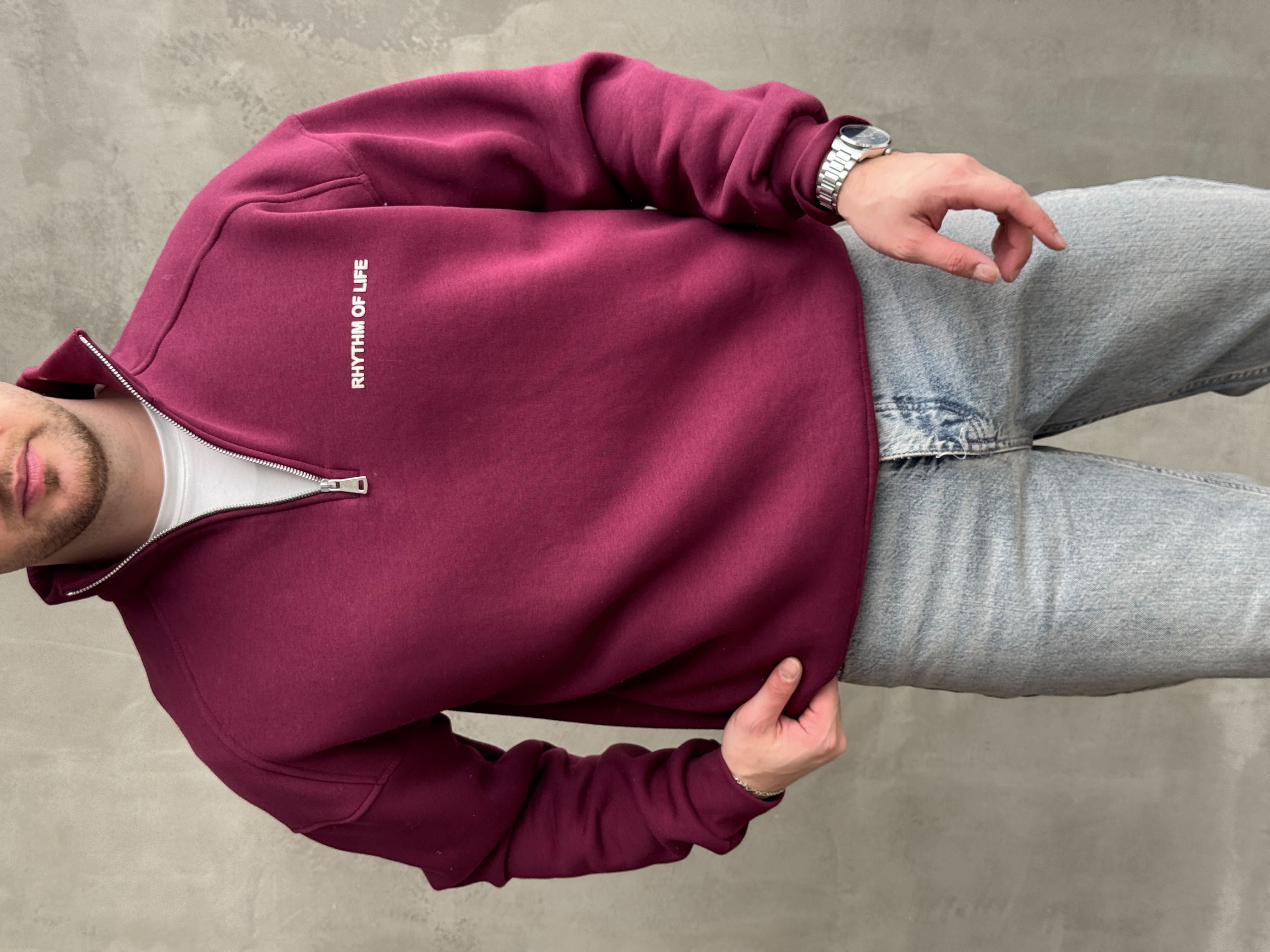 Erkek Elit Kalite Oversize Kalıp Gizli Cep Detaylı Yarım Fermuarlı Dik Yaka 3 İplik Şardonlu Sweat-Bordo(E1888)Ketench