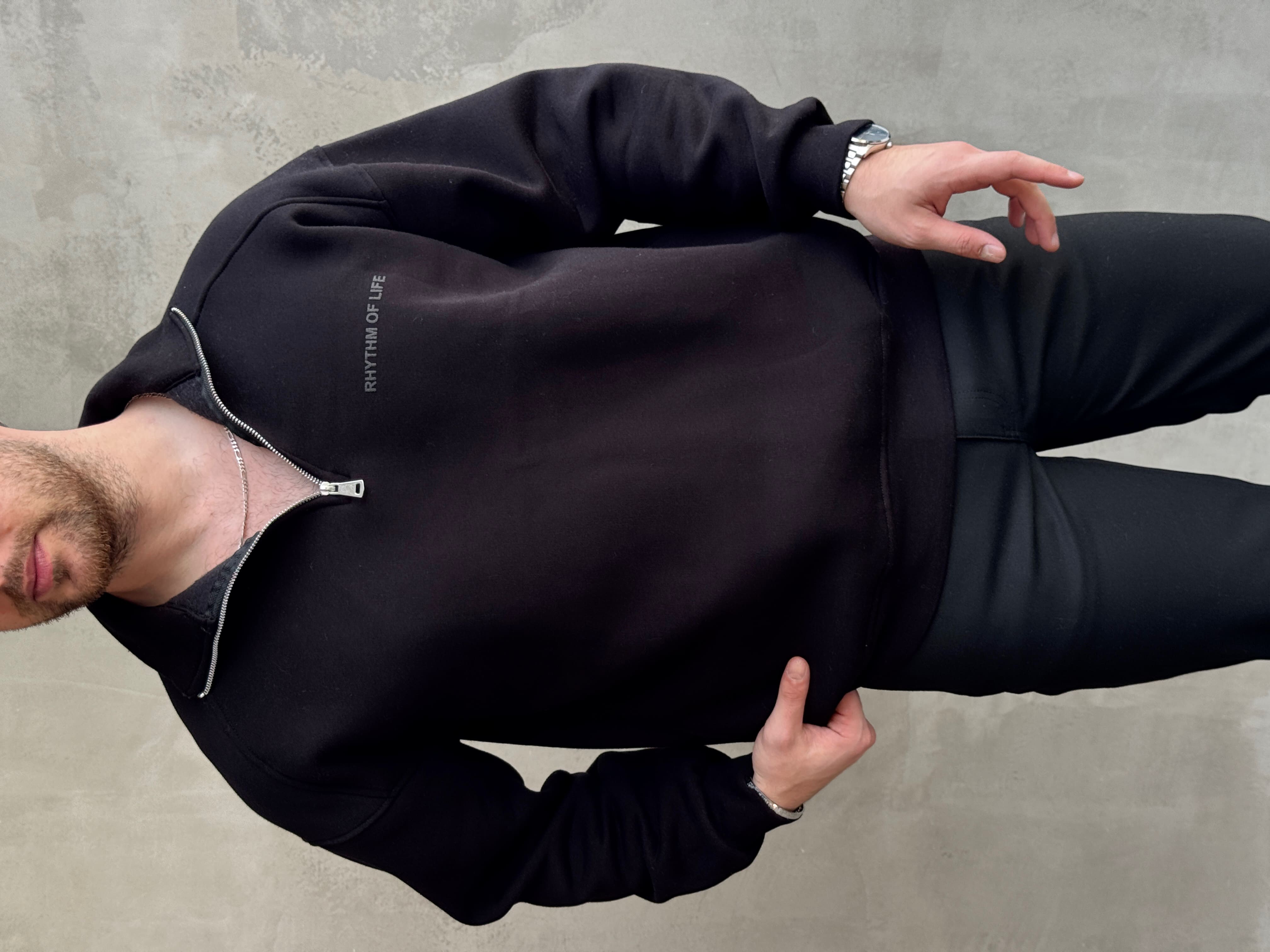 Erkek Elit Kalite Oversize Kalıp Gizli Cep Detaylı Yarım Fermuarlı Dik Yaka 3 İplik Şardonlu Sweat-Siyah(E1888)Ketench