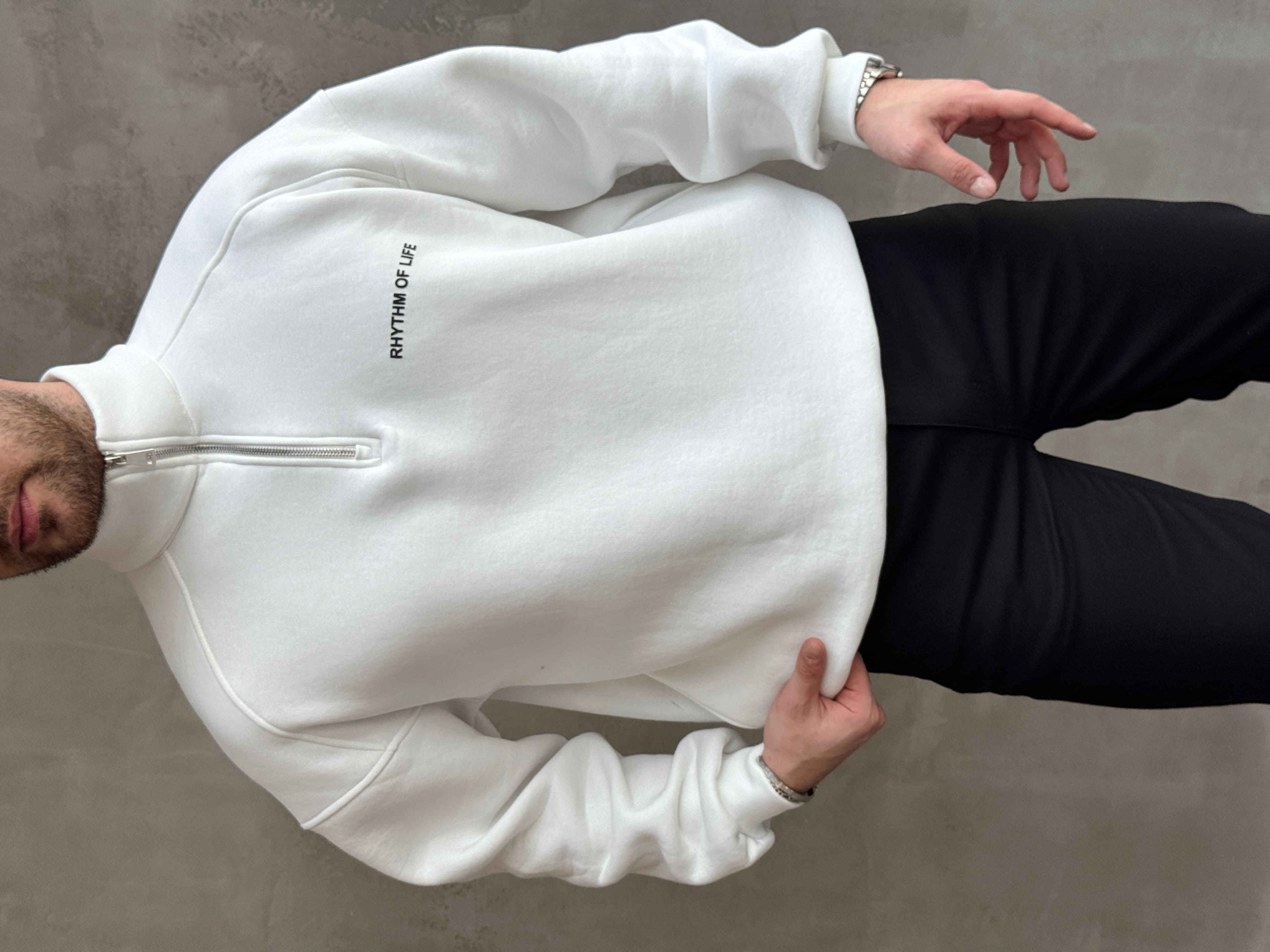 Erkek Elit Kalite Oversize Kalıp Gizli Cep Detaylı Yarım Fermuarlı Dik Yaka 3 İplik Şardonlu Sweat-Beyaz(E1888)Ketench