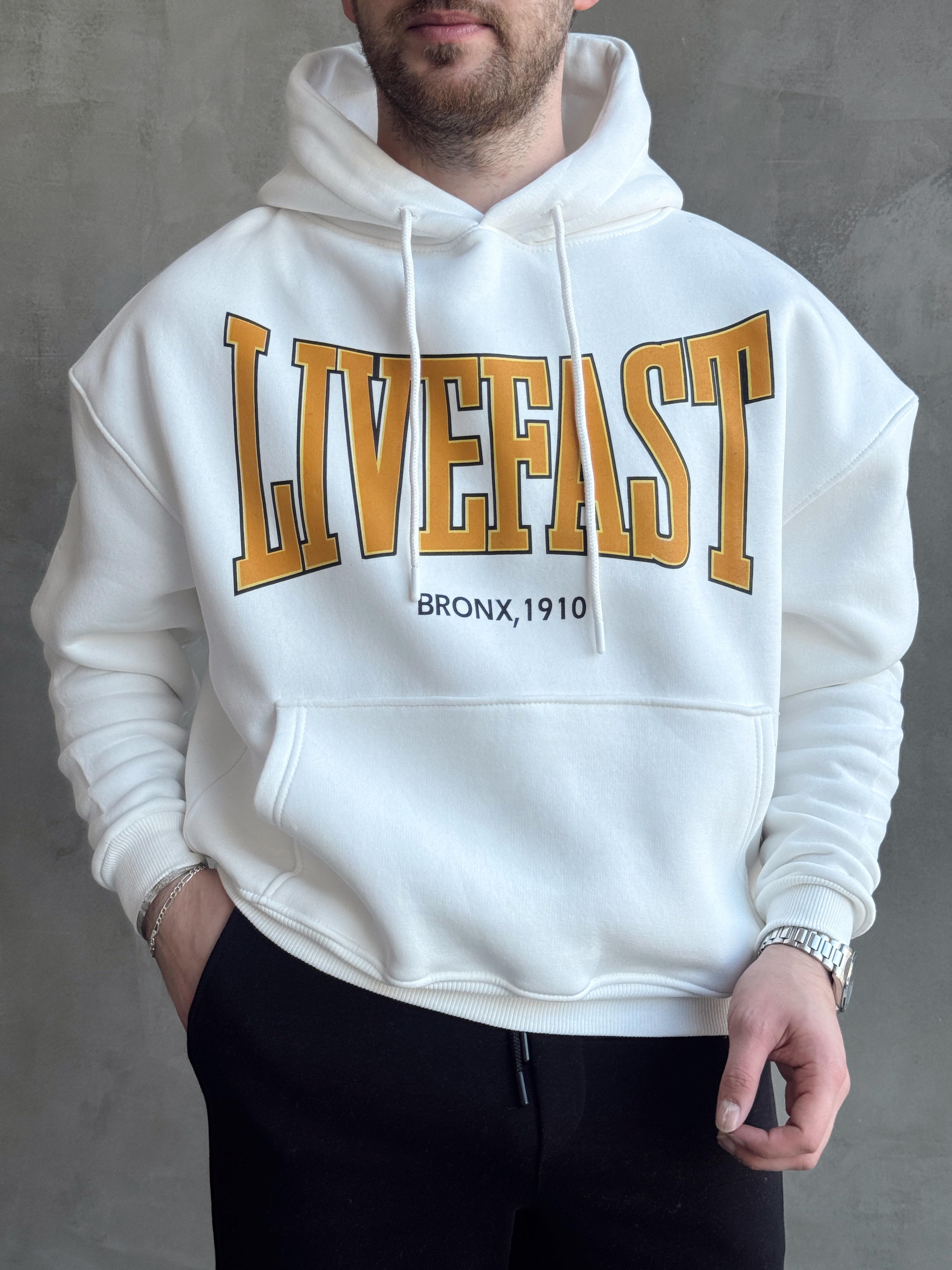 Erkek Elit Kalite Oversize Kalıp İçi Şardonlu Üç İplik Livefast Baskılı Kapüşonlu Sweat-Beyaz(E1554)Ketench
