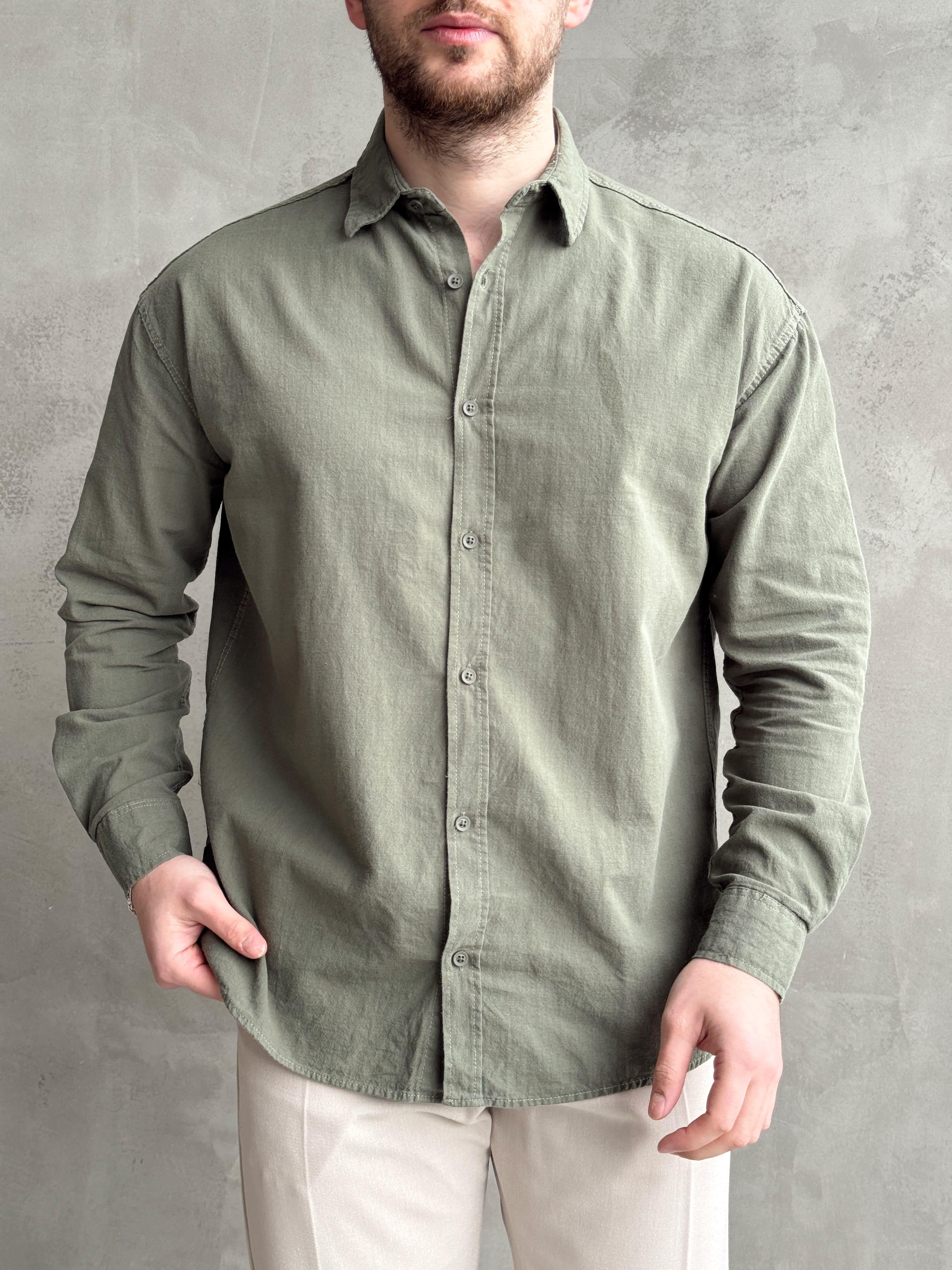 Erkek Elit Kalite Oversize Kalıp Keten Karışımlı Kumaş Gömlek-Haki(E1508)Ketench