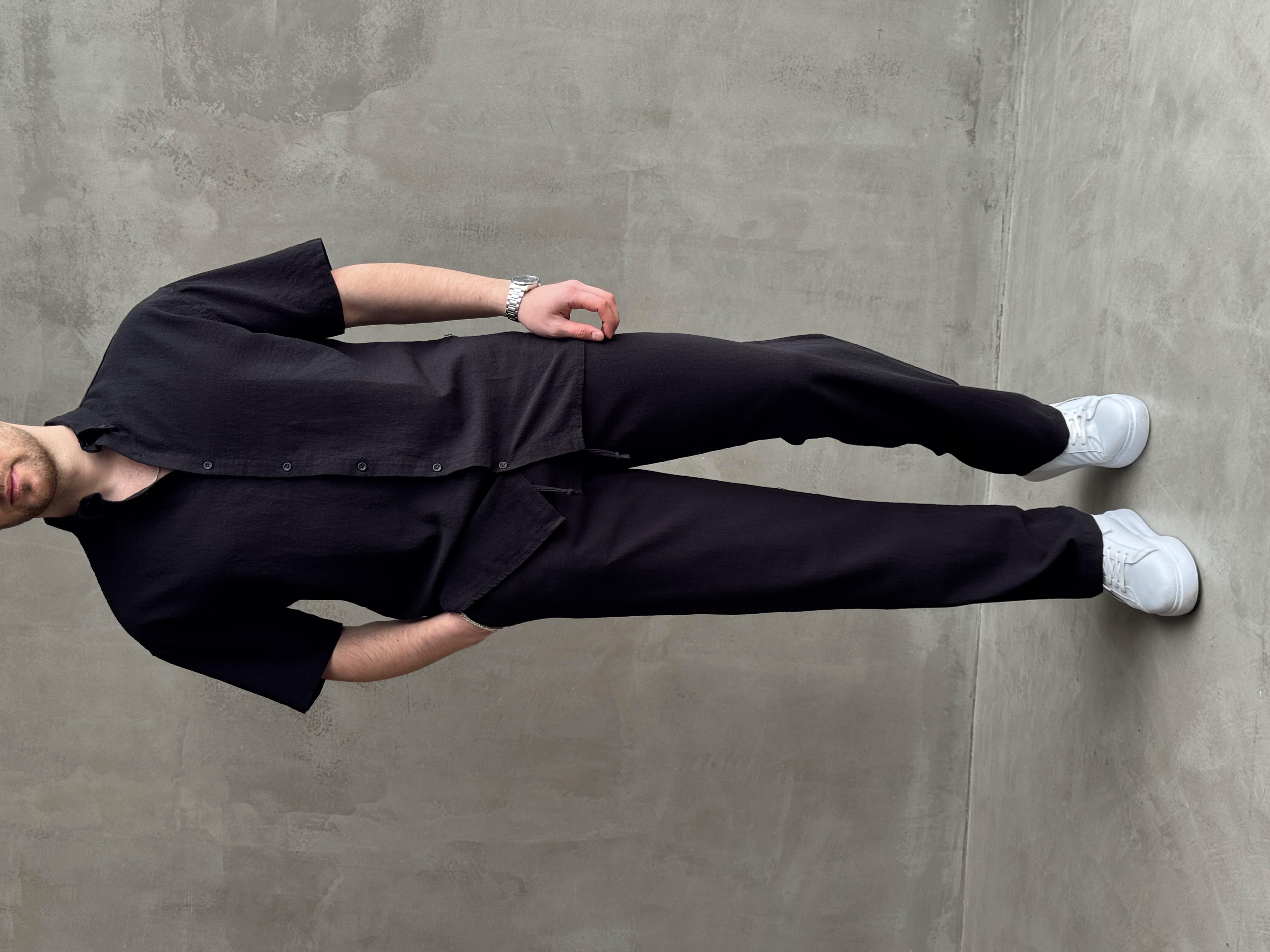 Erkek Elit Kalite Oversize Kalıp Keten Karışımlı Kısa Kollu Gömlek Baggy Kalıp Pantolon Takım-Siyah(E1646)Ketench