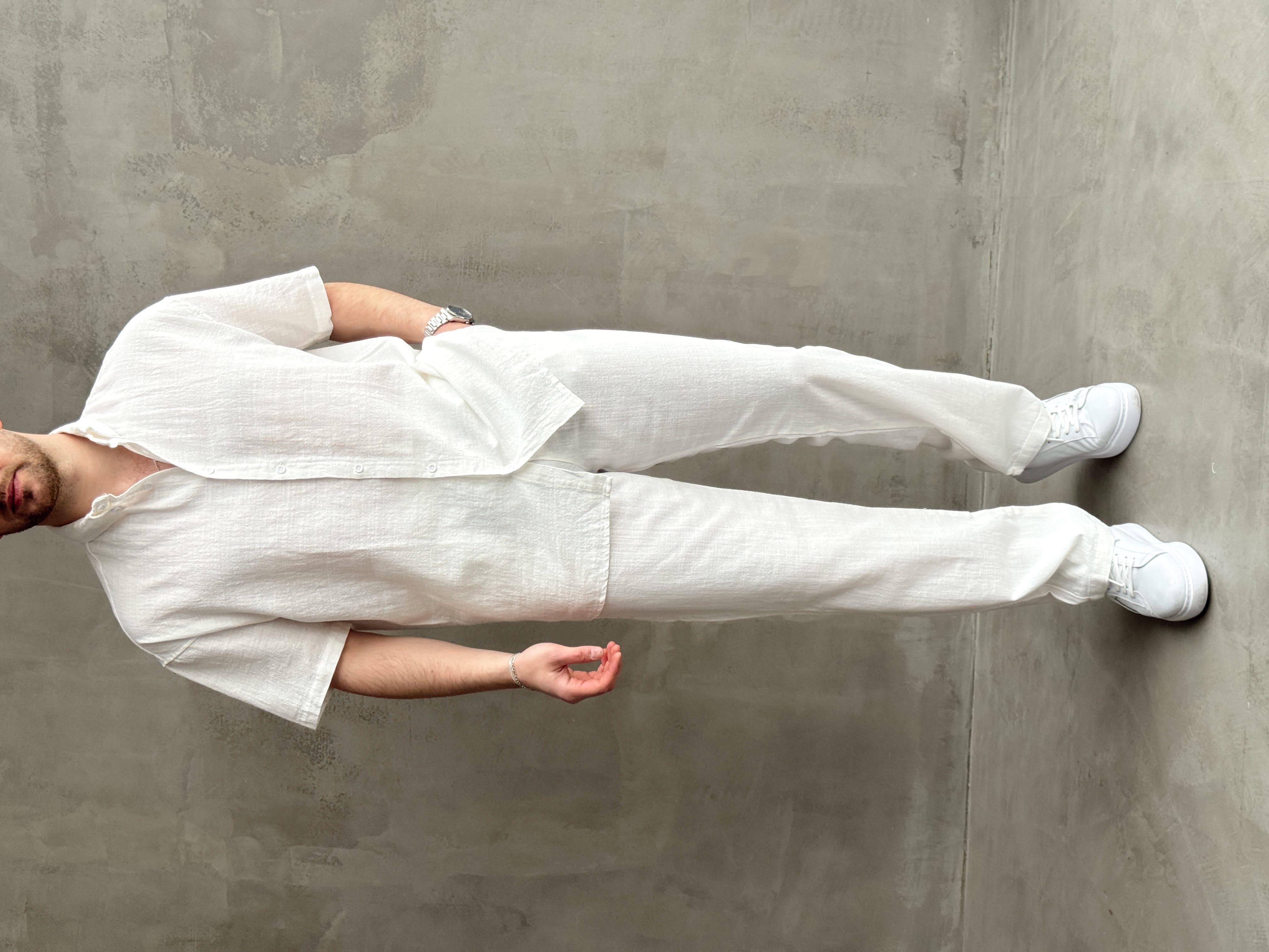 Erkek Elit Kalite Oversize Kalıp Keten Karışımlı Kısa Kollu Gömlek Baggy Kalıp Pantolon Takım-Beyaz(E1646)Ketench