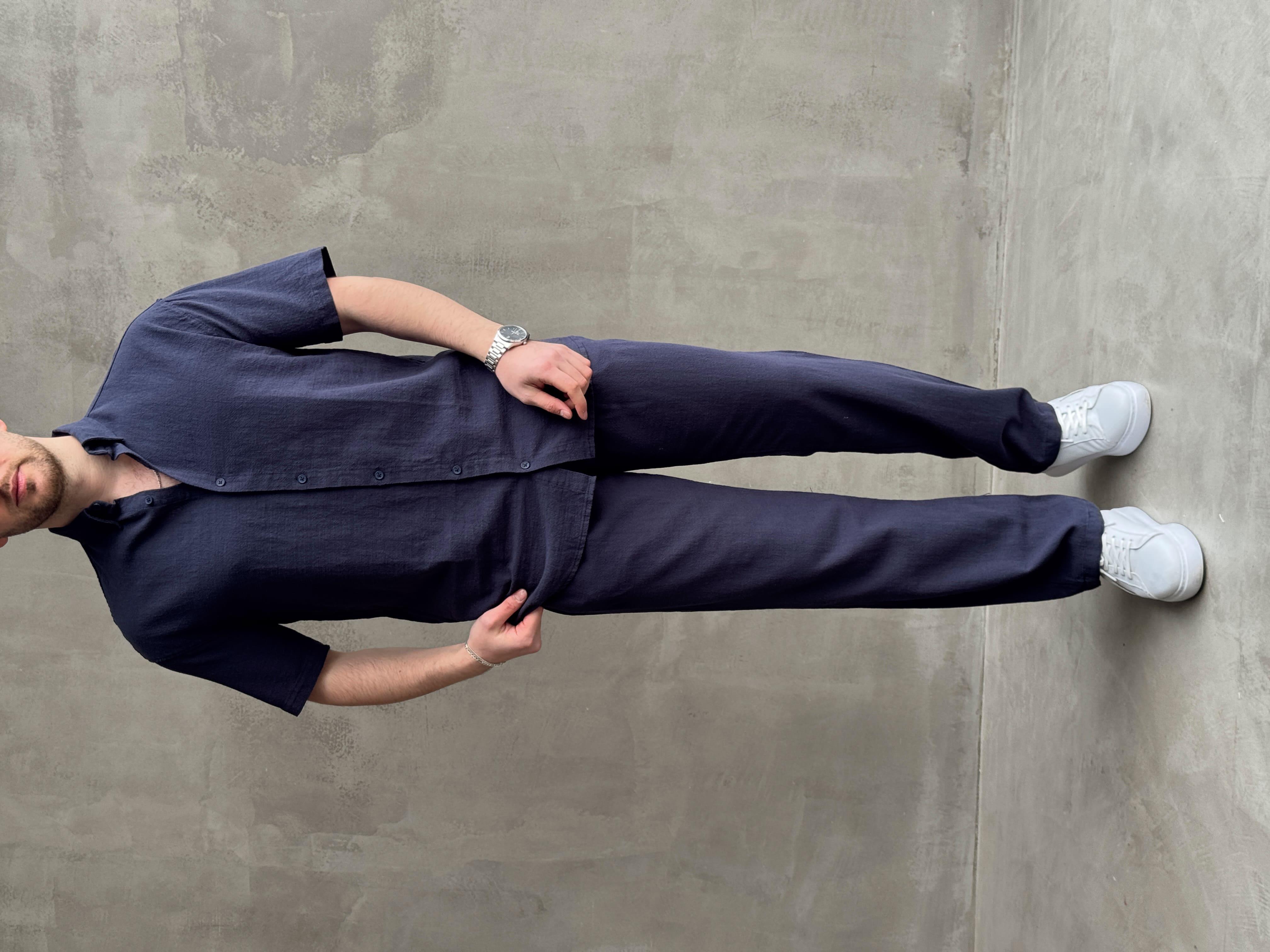 Erkek Elit Kalite Oversize Kalıp Keten Karışımlı Kısa Kollu Gömlek Baggy Kalıp Pantolon Takım-Lacivert(E1646)Ketench