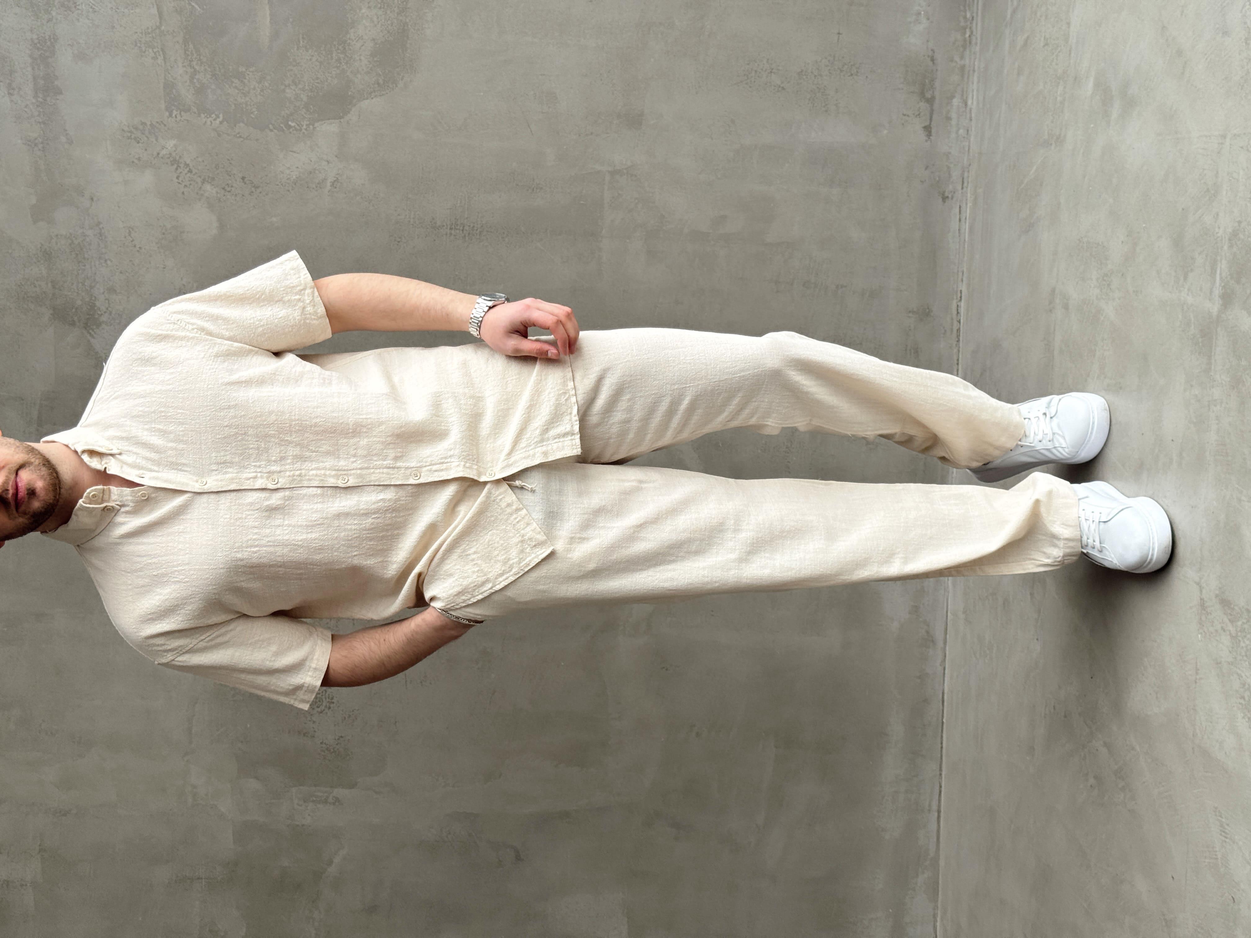 Erkek Elit Kalite Oversize Kalıp Keten Karışımlı Kısa Kollu Gömlek Baggy Kalıp Pantolon Takım-Bej(E1646)Ketench