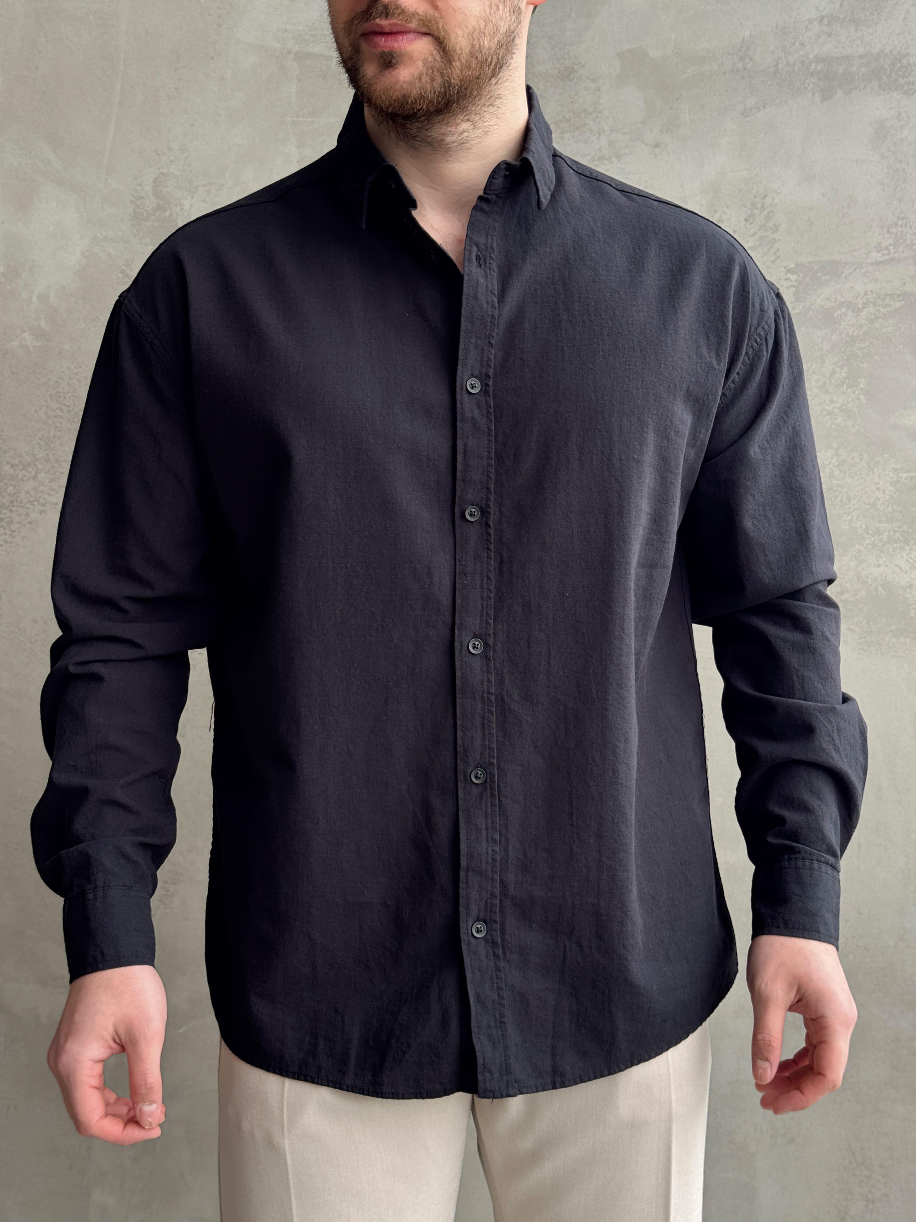 Erkek Elit Kalite Oversize Kalıp Keten Karışımlı Kumaş Gömlek-Siyah(E1508)Ketench