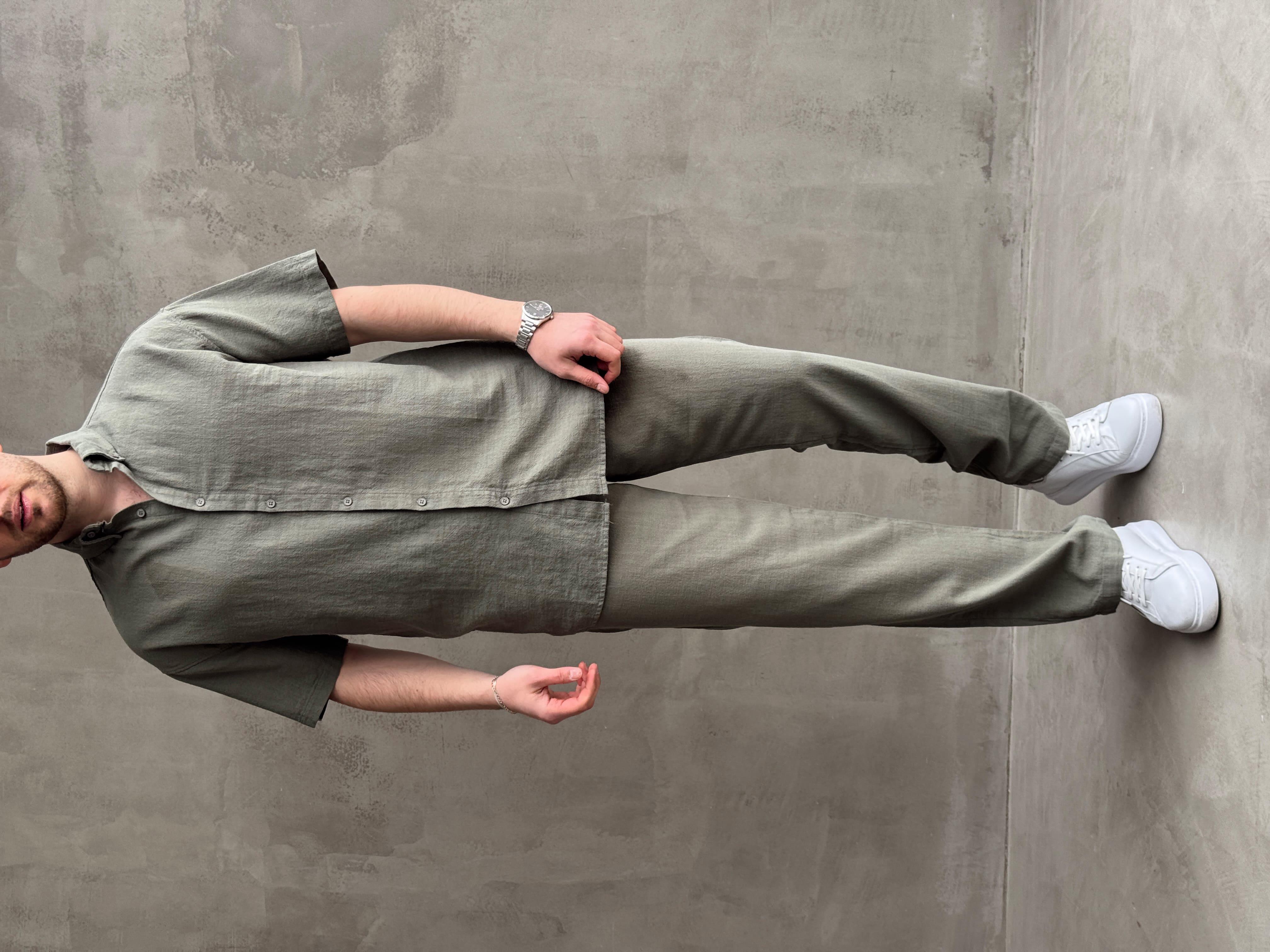 Erkek Elit Kalite Oversize Kalıp Keten Karışımlı Kısa Kollu Gömlek Baggy Kalıp Pantolon Takım-Haki(E1646)Ketench