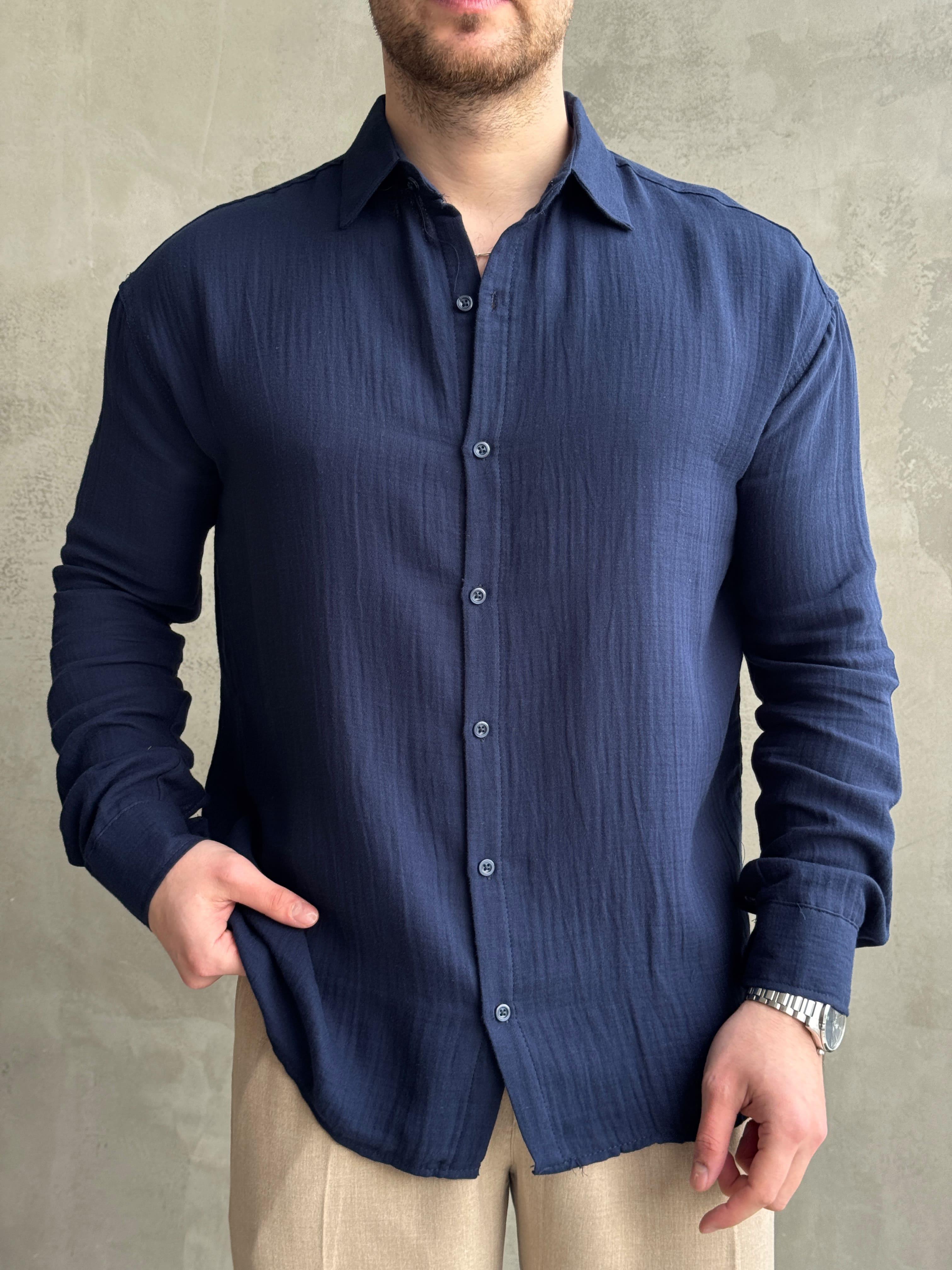 Erkek Elit Kalite Oversize Kalıp Müslin Kumaş Gömlek-Lacivert(E1606)Ketench