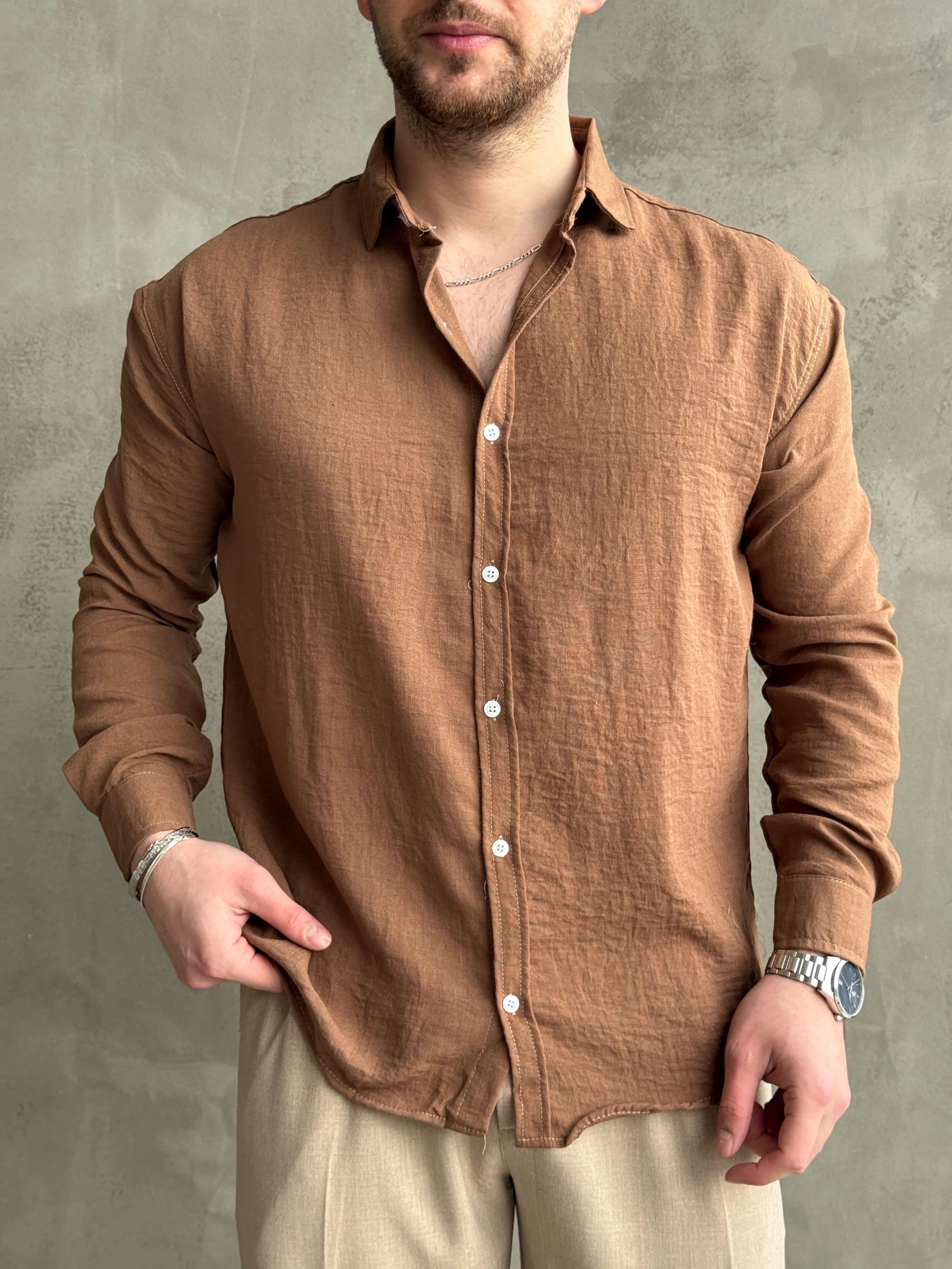 Erkek Elit Kalite Oversize Kalıp Pera Keten Kumaş Gömlek-Camel(E1607)  Ketench